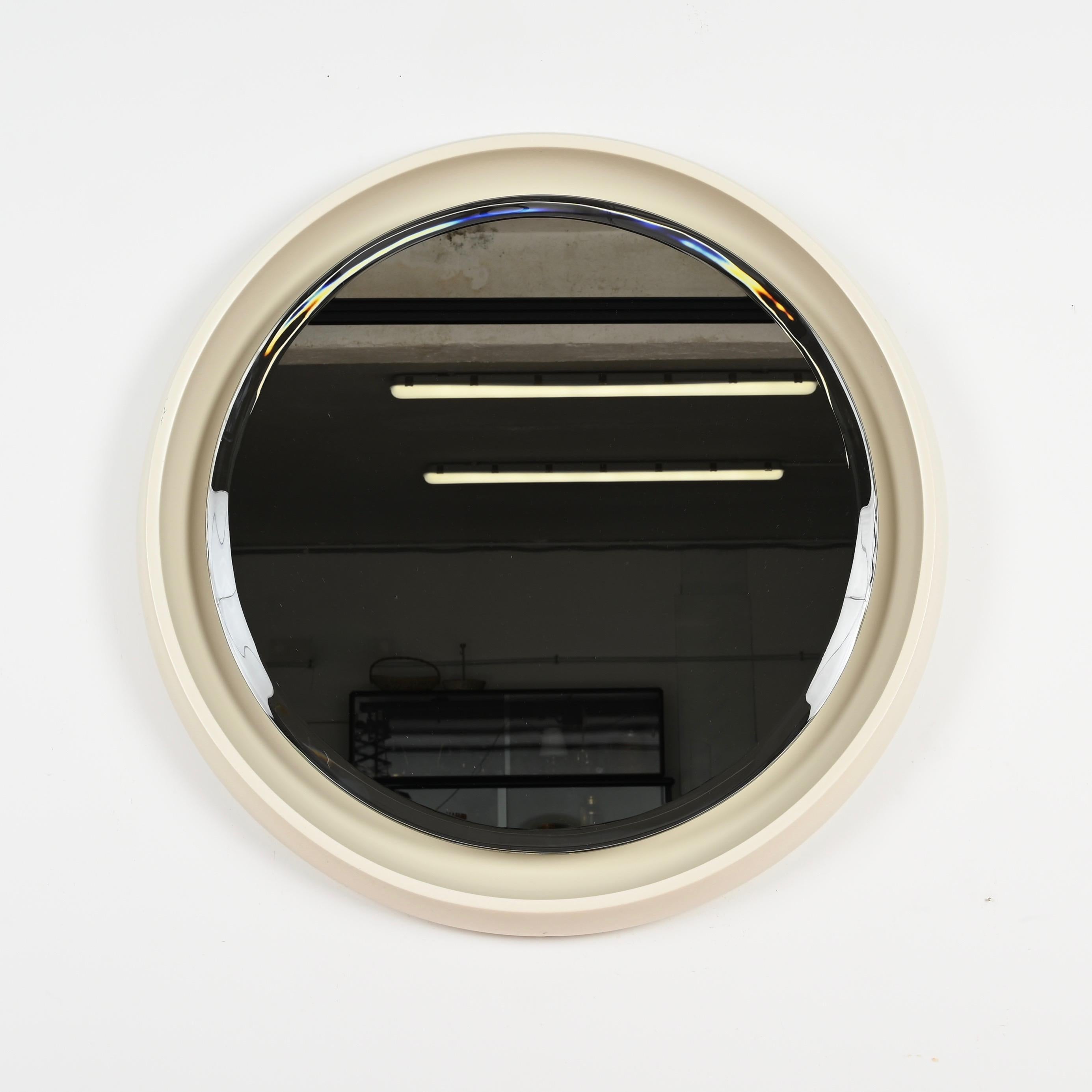 Grand miroir rond rétroéclairé et biseauté blanc en bois, Italie, 1970 en vente 4