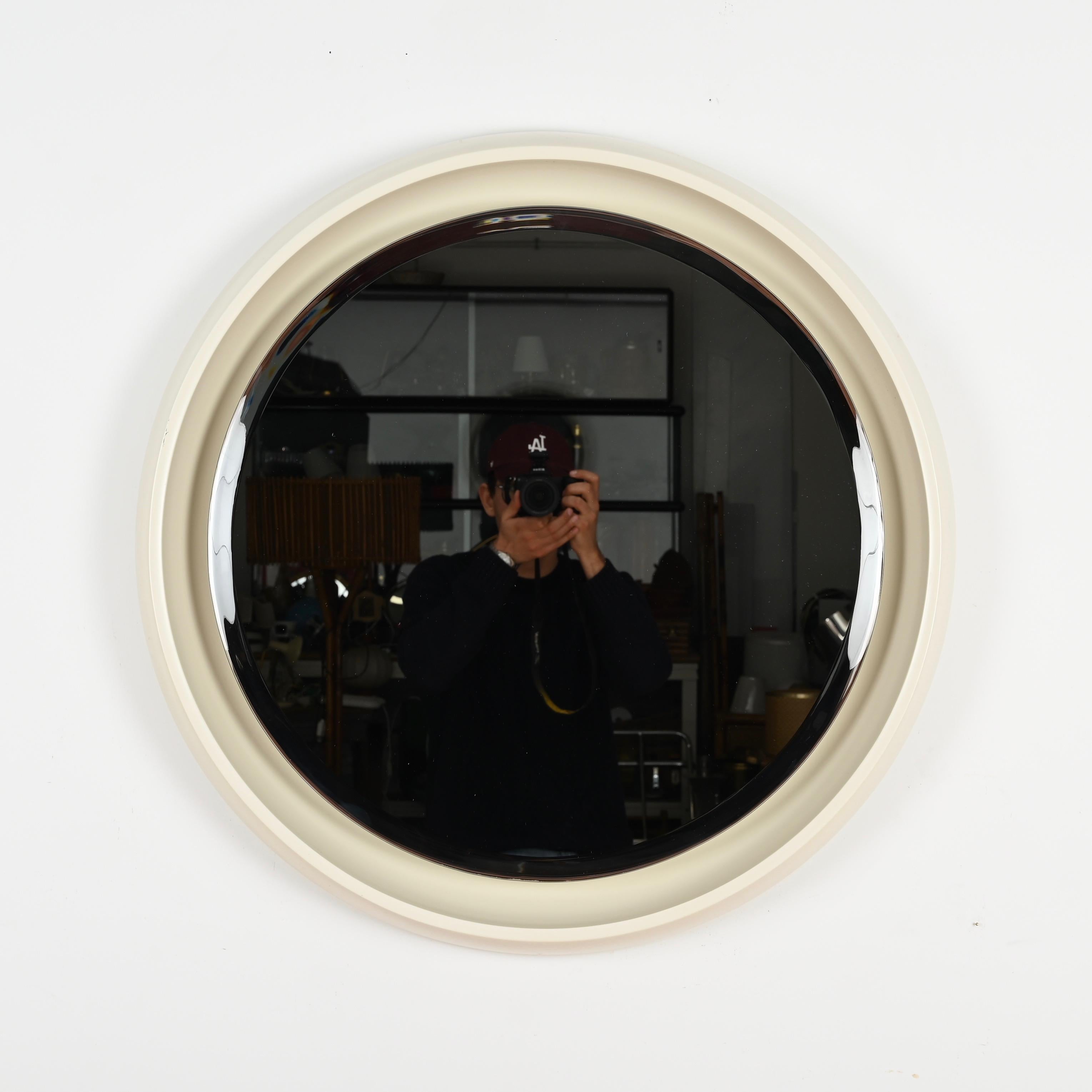 Grand miroir rond rétroéclairé et biseauté blanc en bois, Italie, 1970 en vente 5