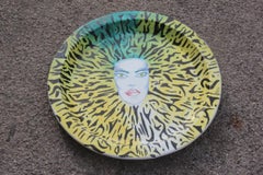 Italian Large Round Ceramic Dish Plate 1980s, Multicolored Face Yellow Green