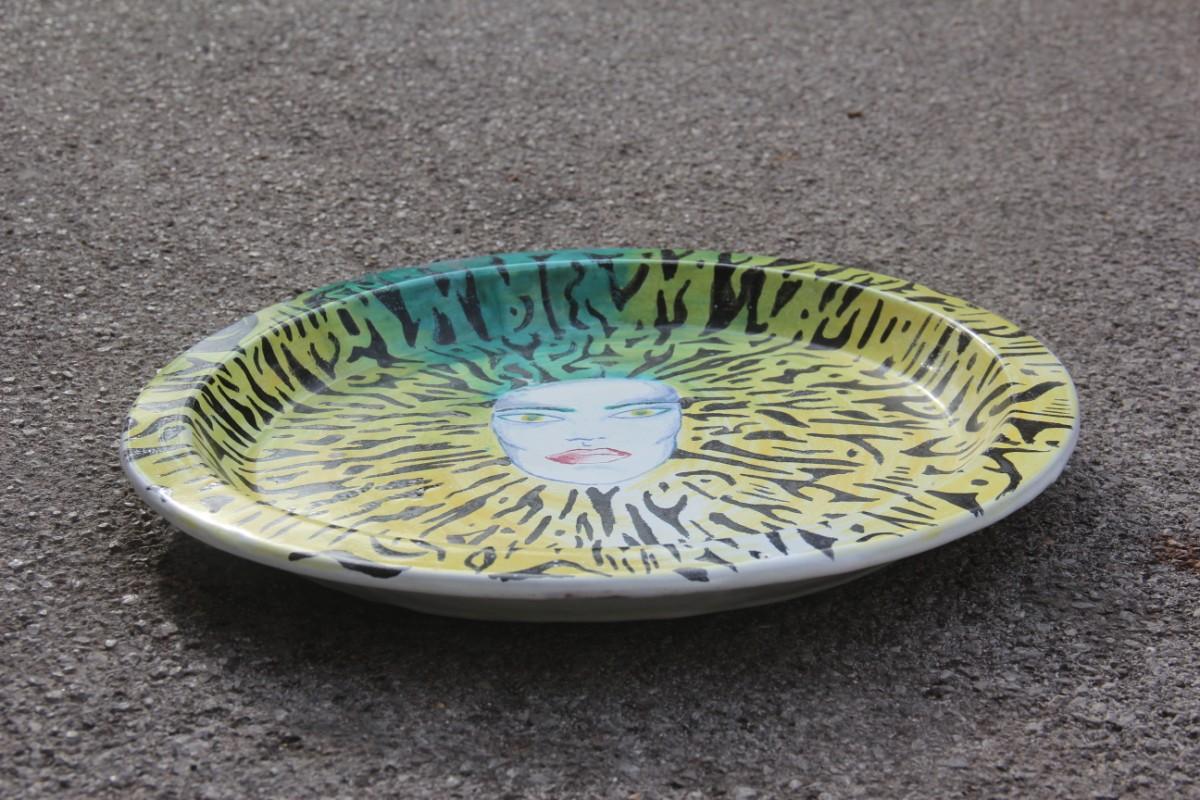 Italian Large Round Ceramic Dish Plate 1980s, Multicolored Face Yellow Green For Sale 1