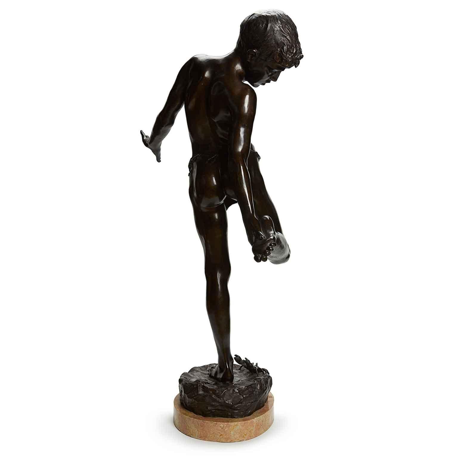 Bronze Italian Large Sculpture the Crab Bite Seminude Young Boy De Lotto, 20th Century For Sale