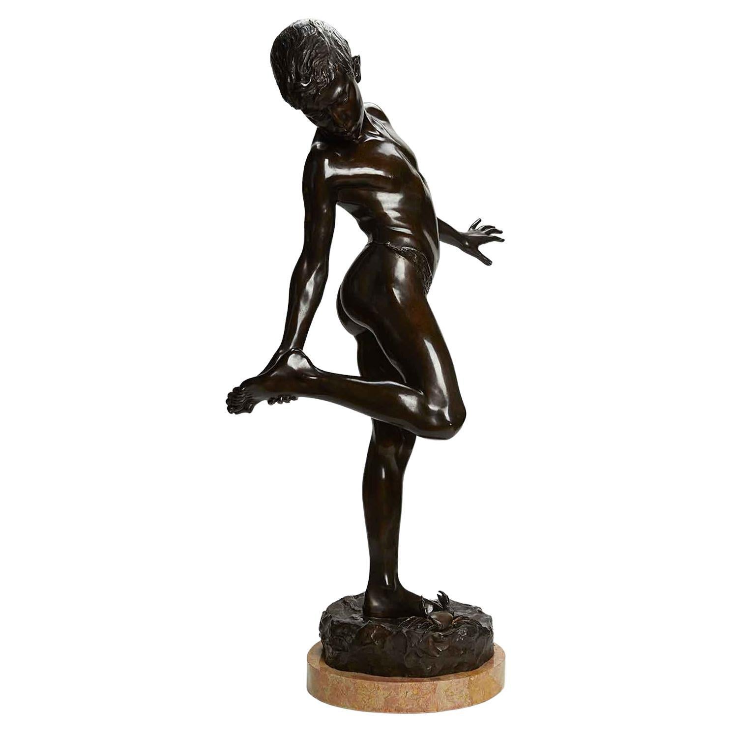 Italian Large Sculpture the Crab Bite Seminude Young Boy De Lotto, 20th Century For Sale