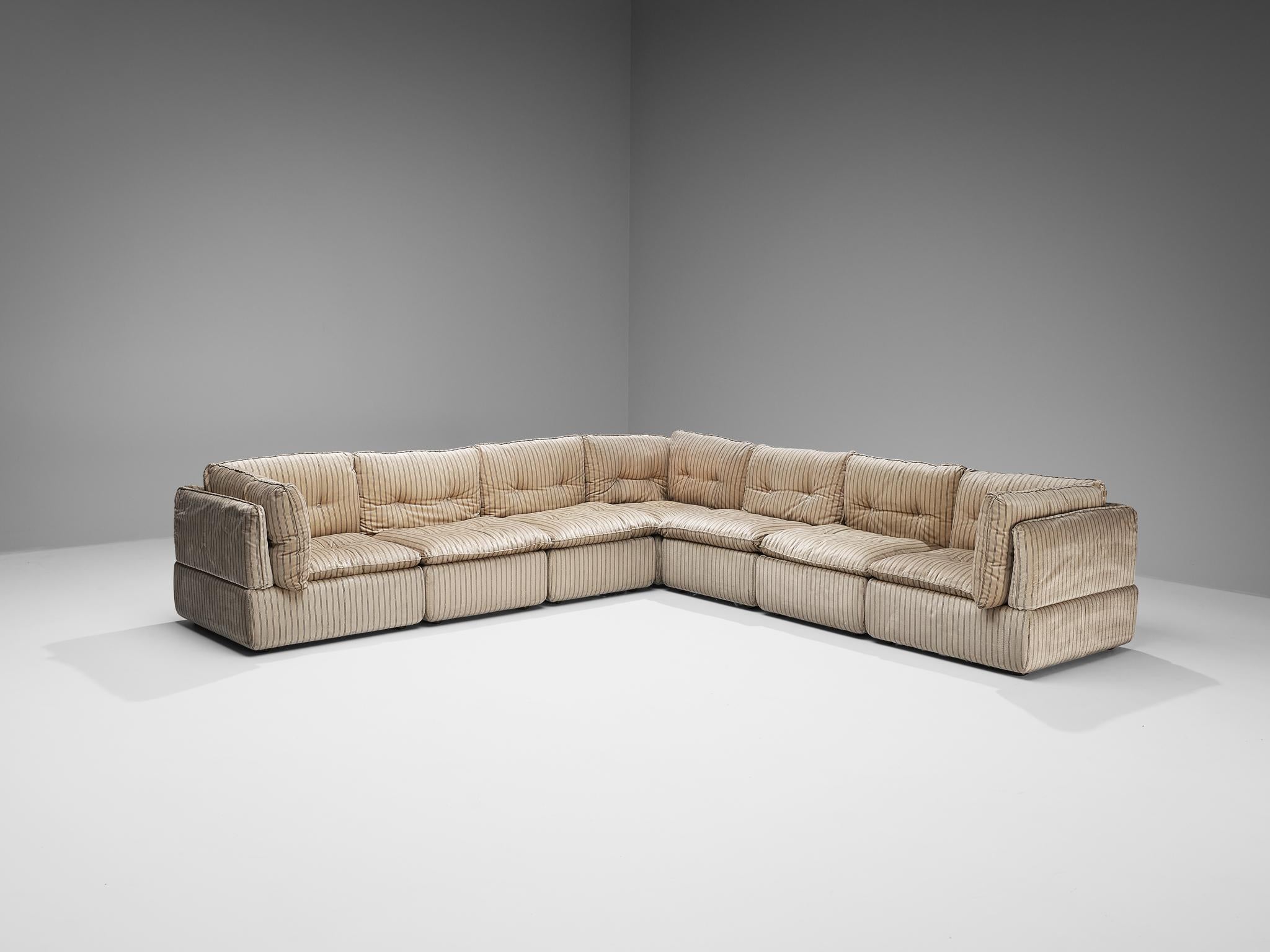 Mid-Century Modern Italian Large Sectional Sofa in Light Beige Striped Velvet
