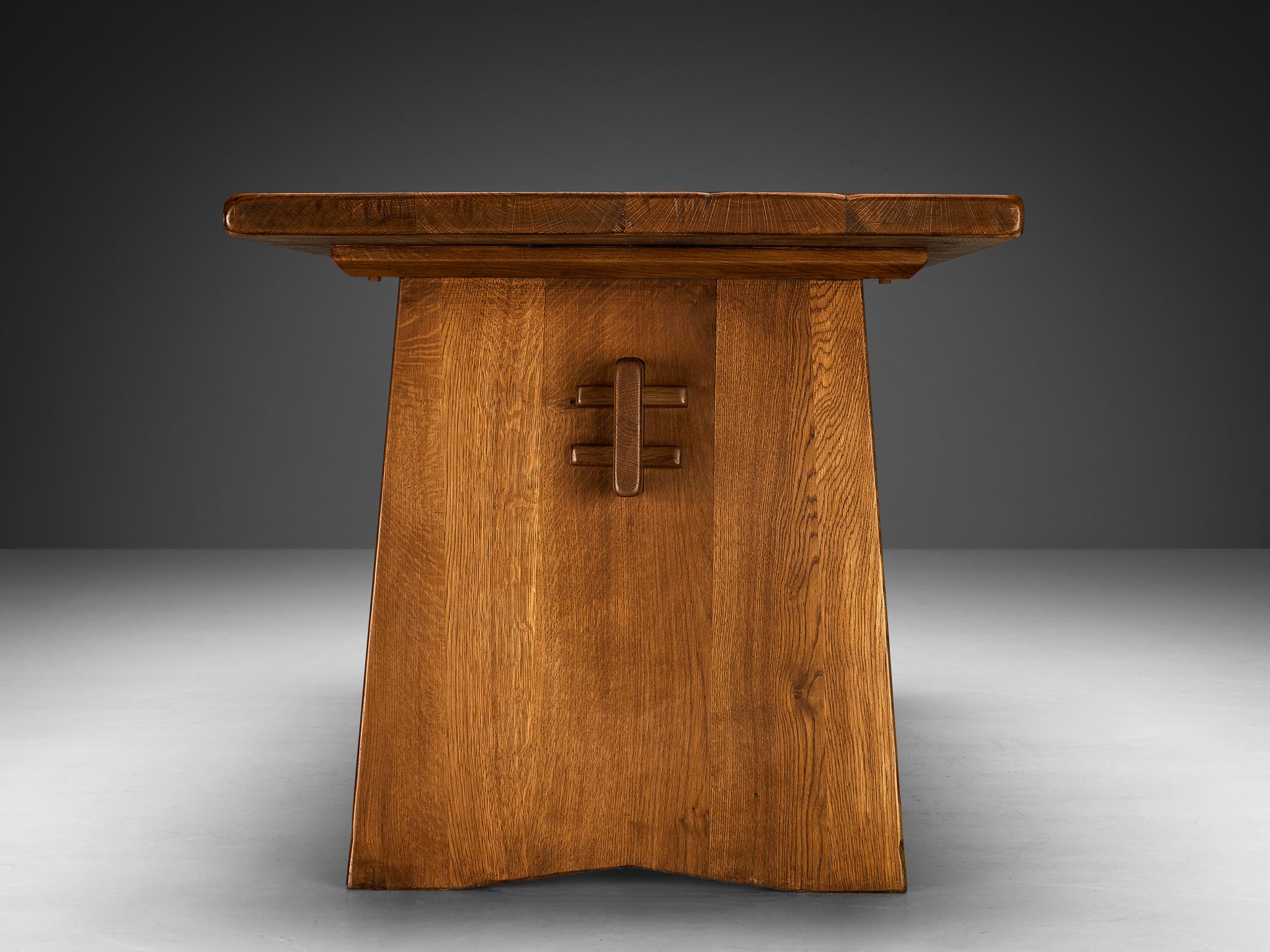 Italian Large Solid Oak Dining Table with Architectural Design For Sale 1