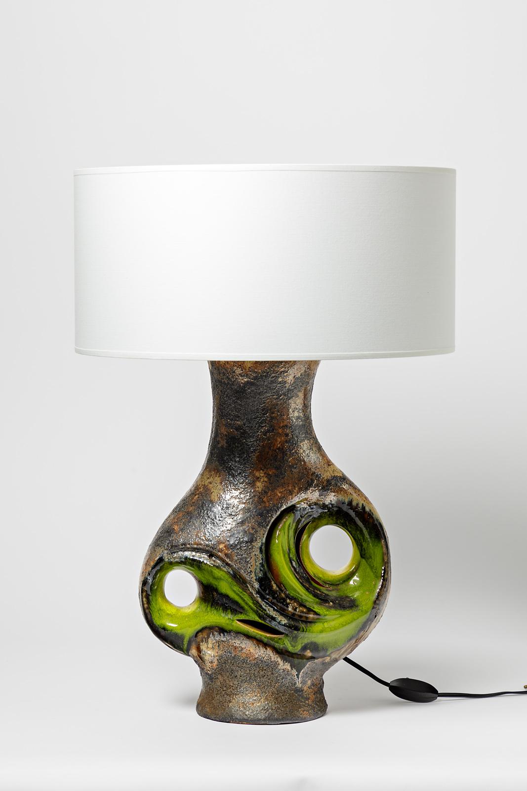 Italian Large Vintage Ceramic Table Lamp Black and Green Colors, circa 1970  For Sale 1