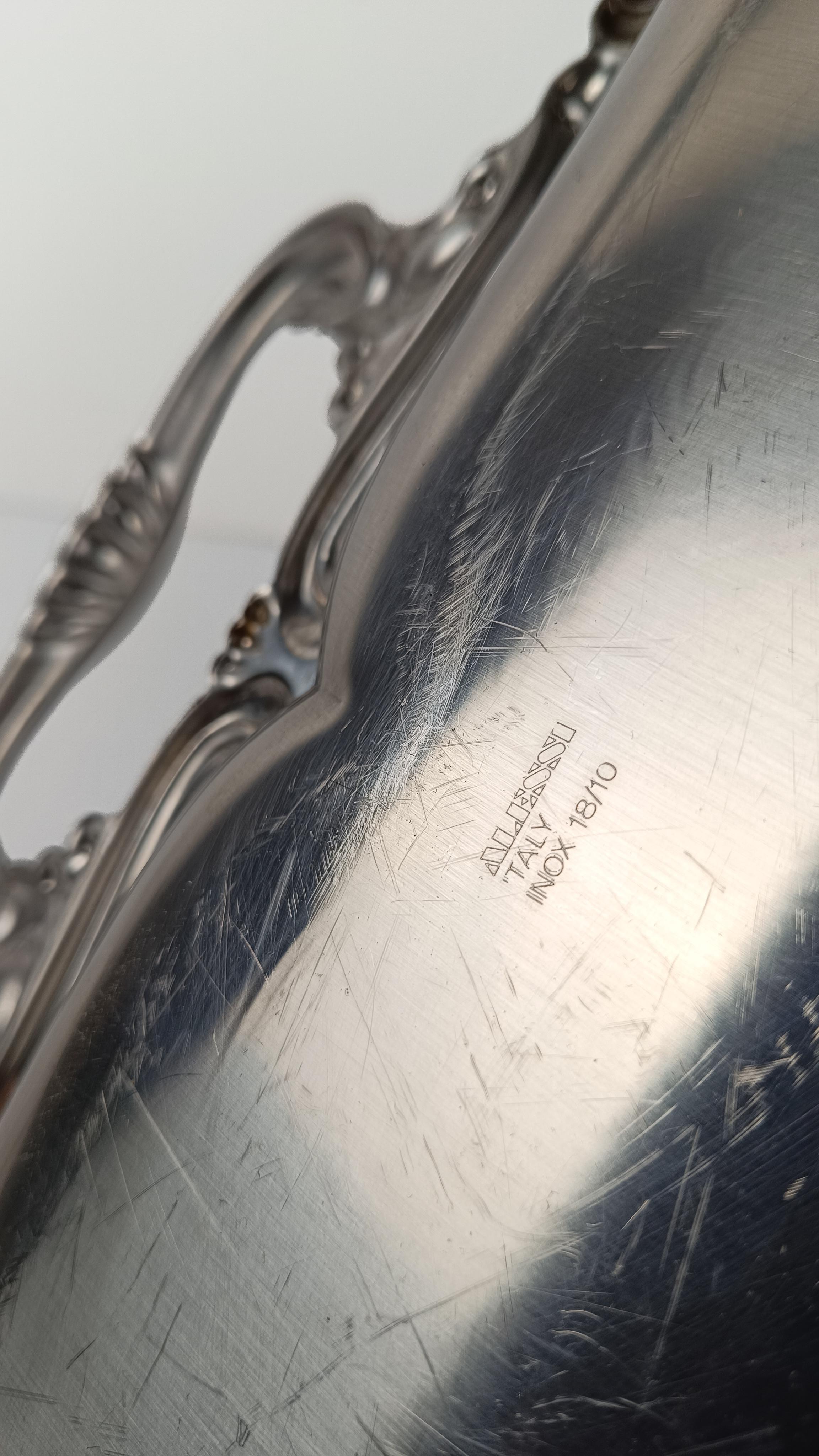 Italienisches großes Vintage-Edelstahltablett im Barockstil von Alessi 60er Jahre im Angebot 10