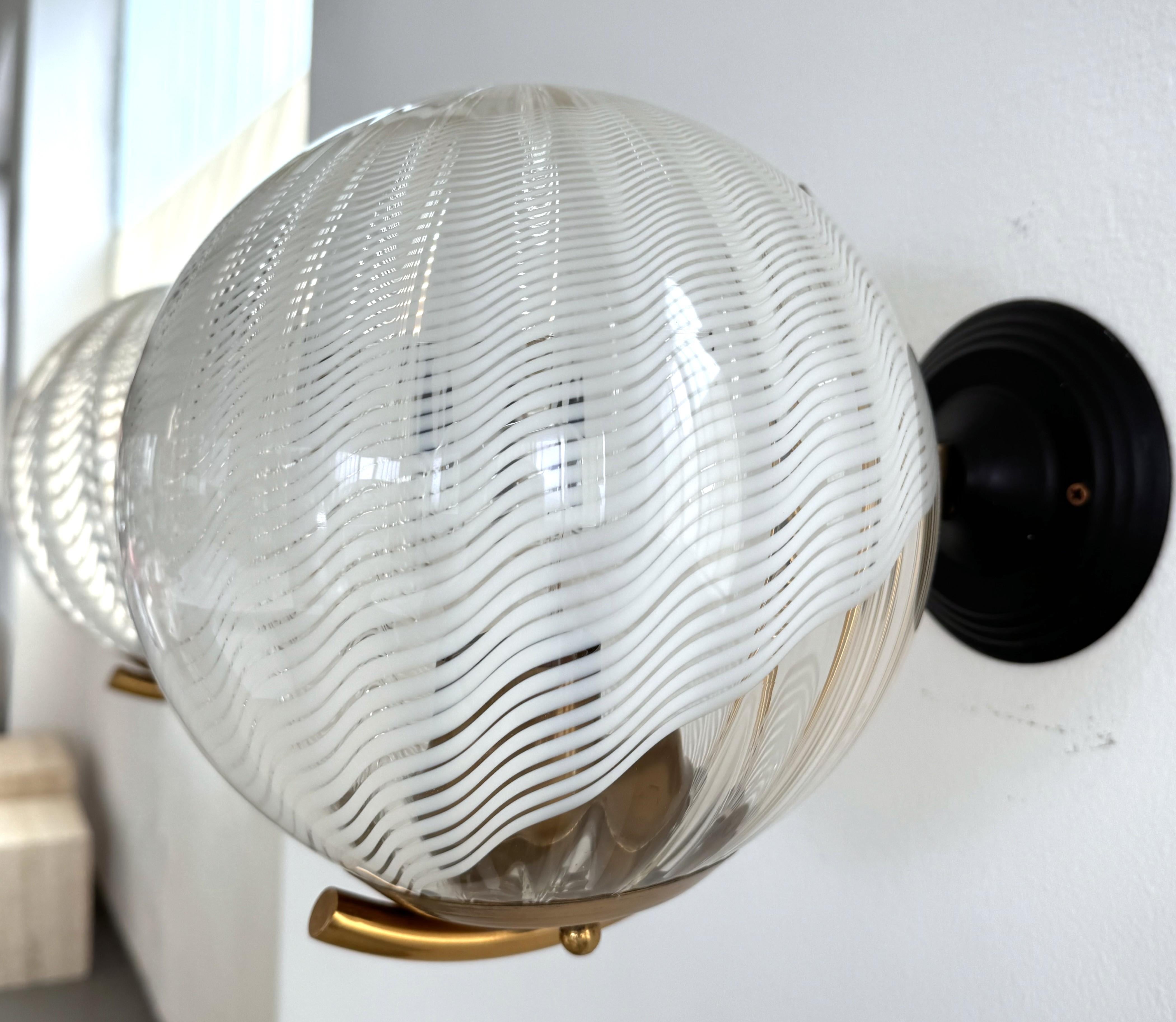 Italian Large Wall Lights with White Striped Wavy Glass Globes, 1970s For Sale 4