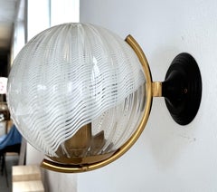 Italian Large Wall Lights with White Striped Wavy Glass Globes, 1970s