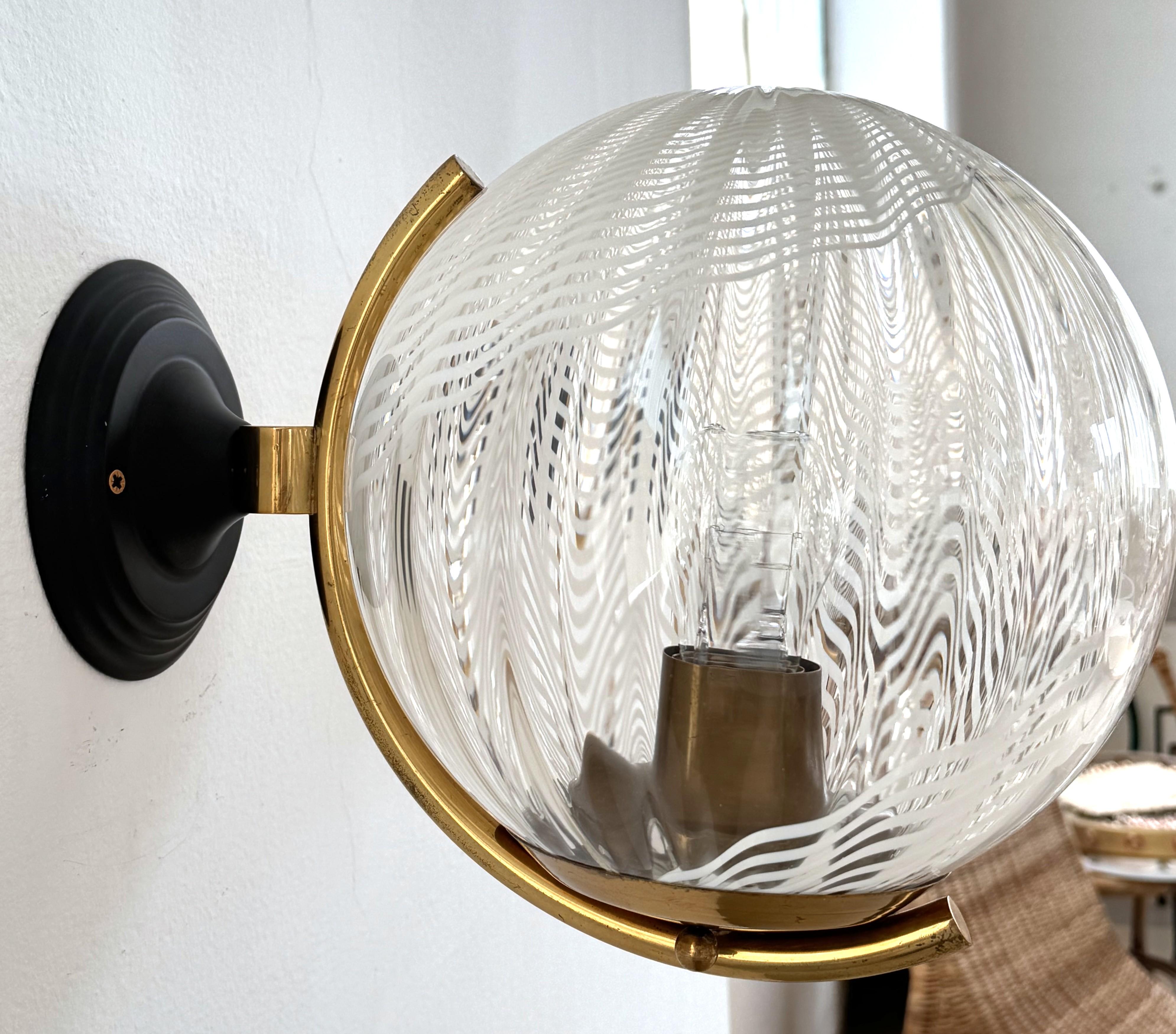Mid-Century Modern Italian Large Wall Lights with White Striped Wavy Glass Globes, 1970s For Sale