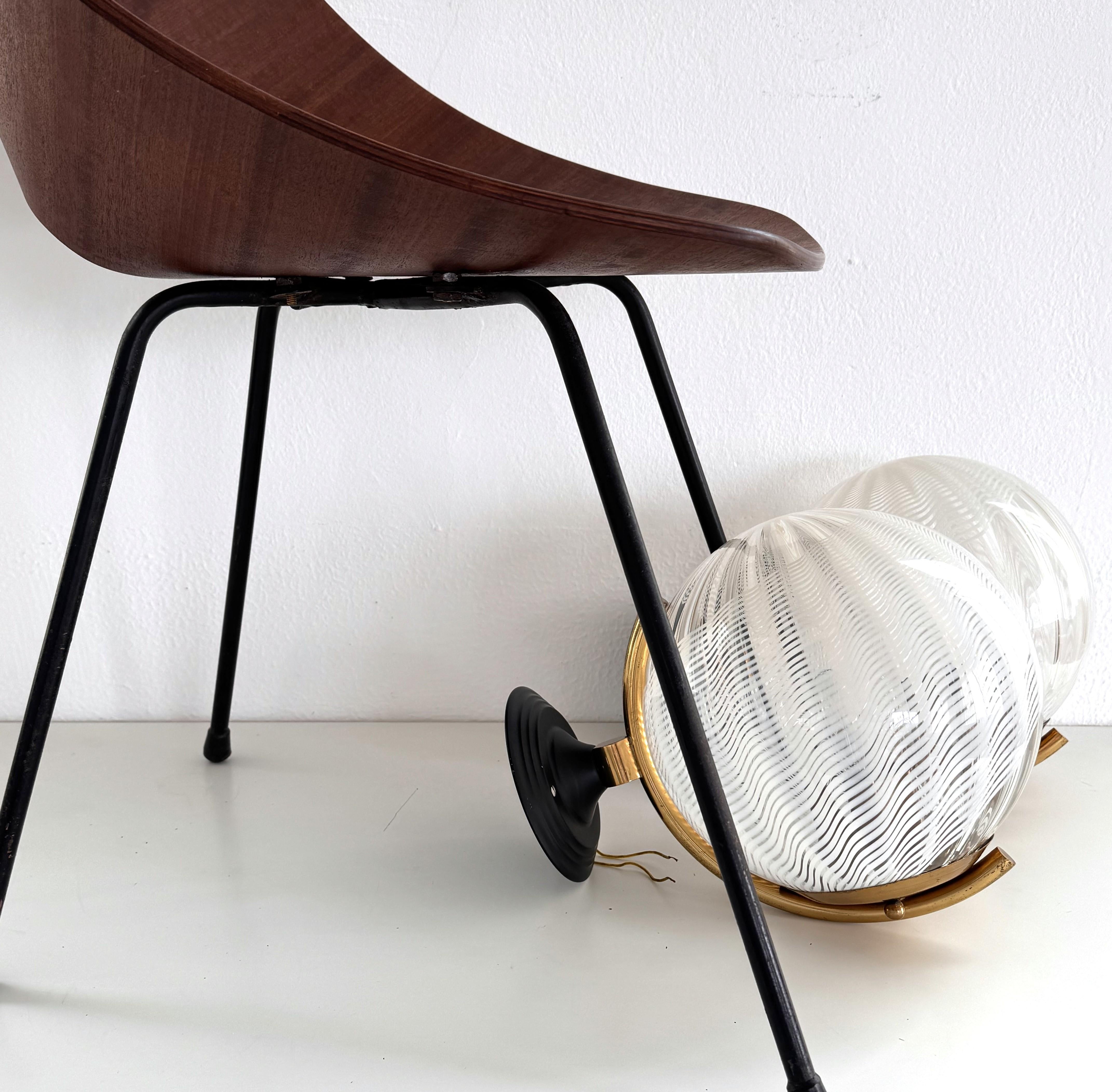 Hand-Crafted Italian Large Wall Lights with White Striped Wavy Glass Globes, 1970s For Sale