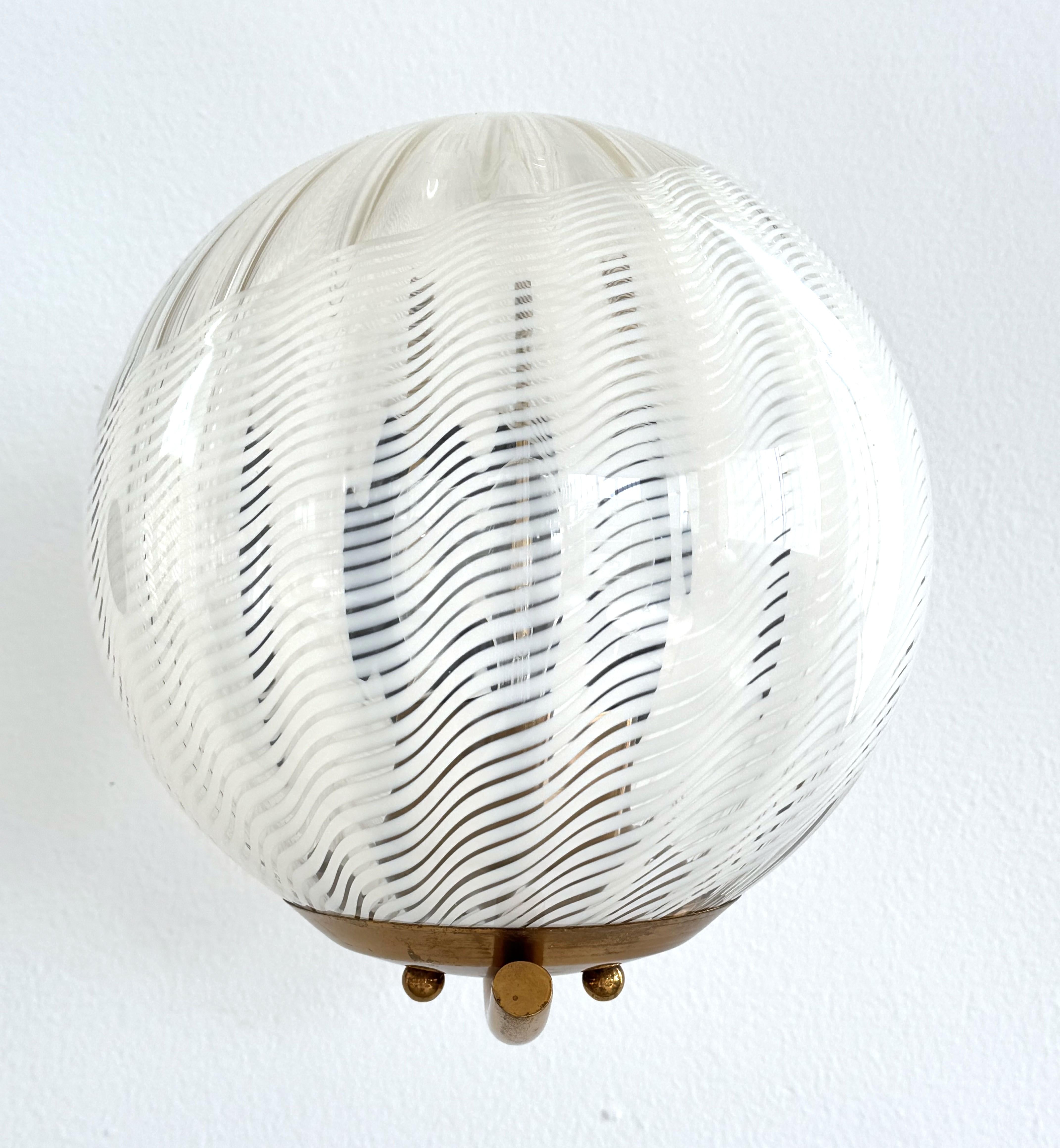 Late 20th Century Italian Large Wall Lights with White Striped Wavy Glass Globes, 1970s For Sale