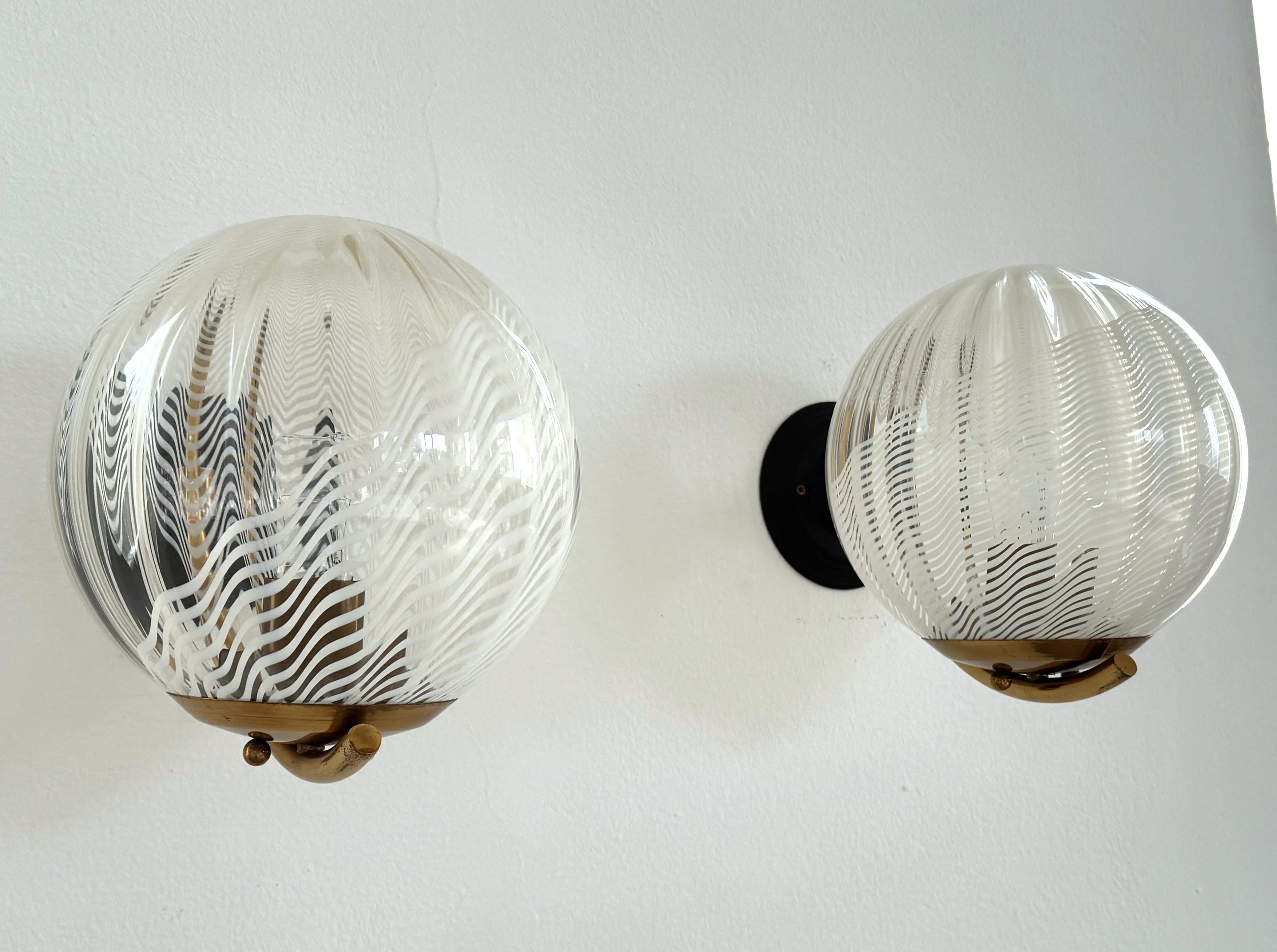 Metal Italian Large Wall Lights with White Striped Wavy Glass Globes, 1970s For Sale