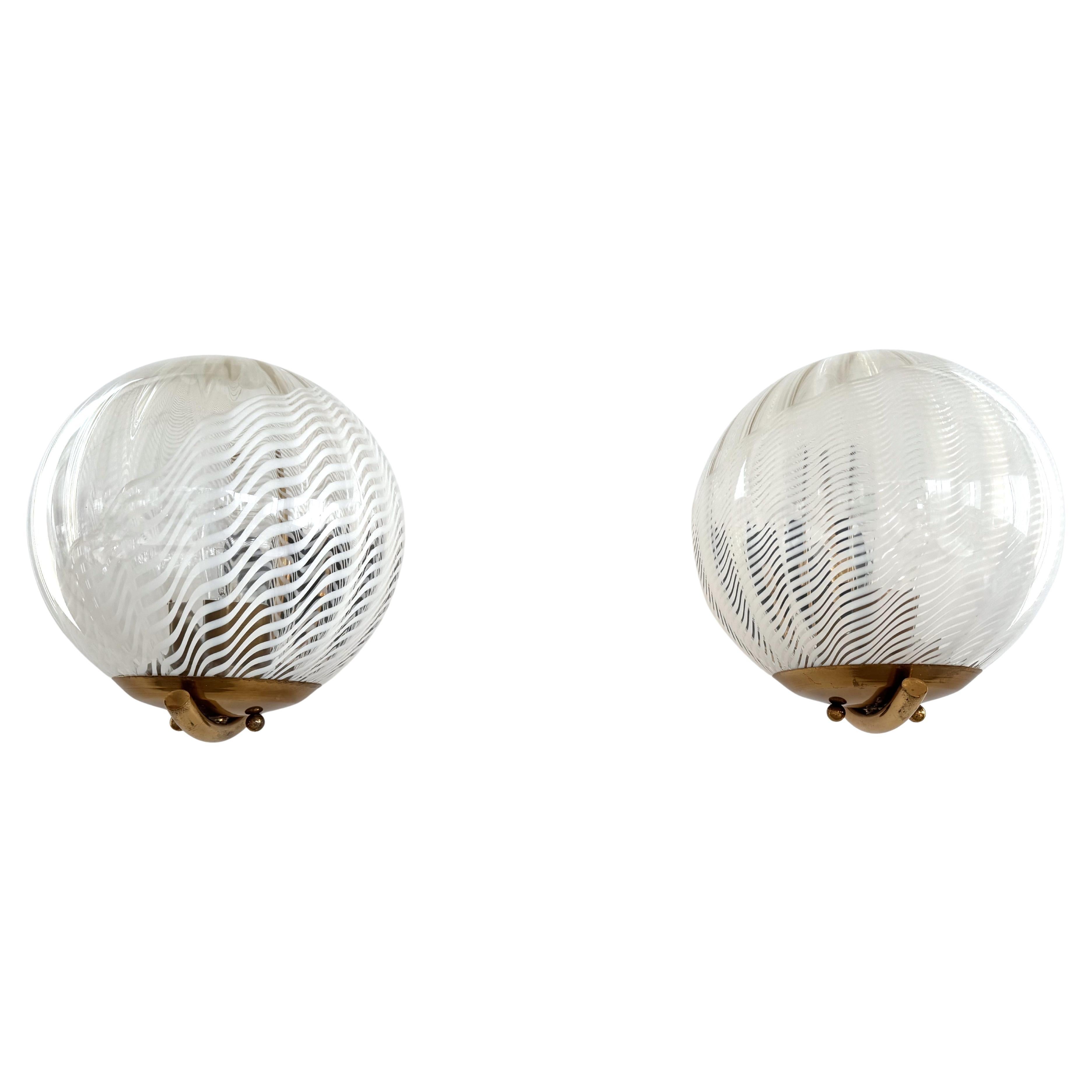 Italian Large Wall Lights with White Striped Wavy Glass Globes, 1970s For Sale
