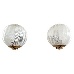 Italian Large Wall Lights with White Striped Wavy Glass Globes, 1970s