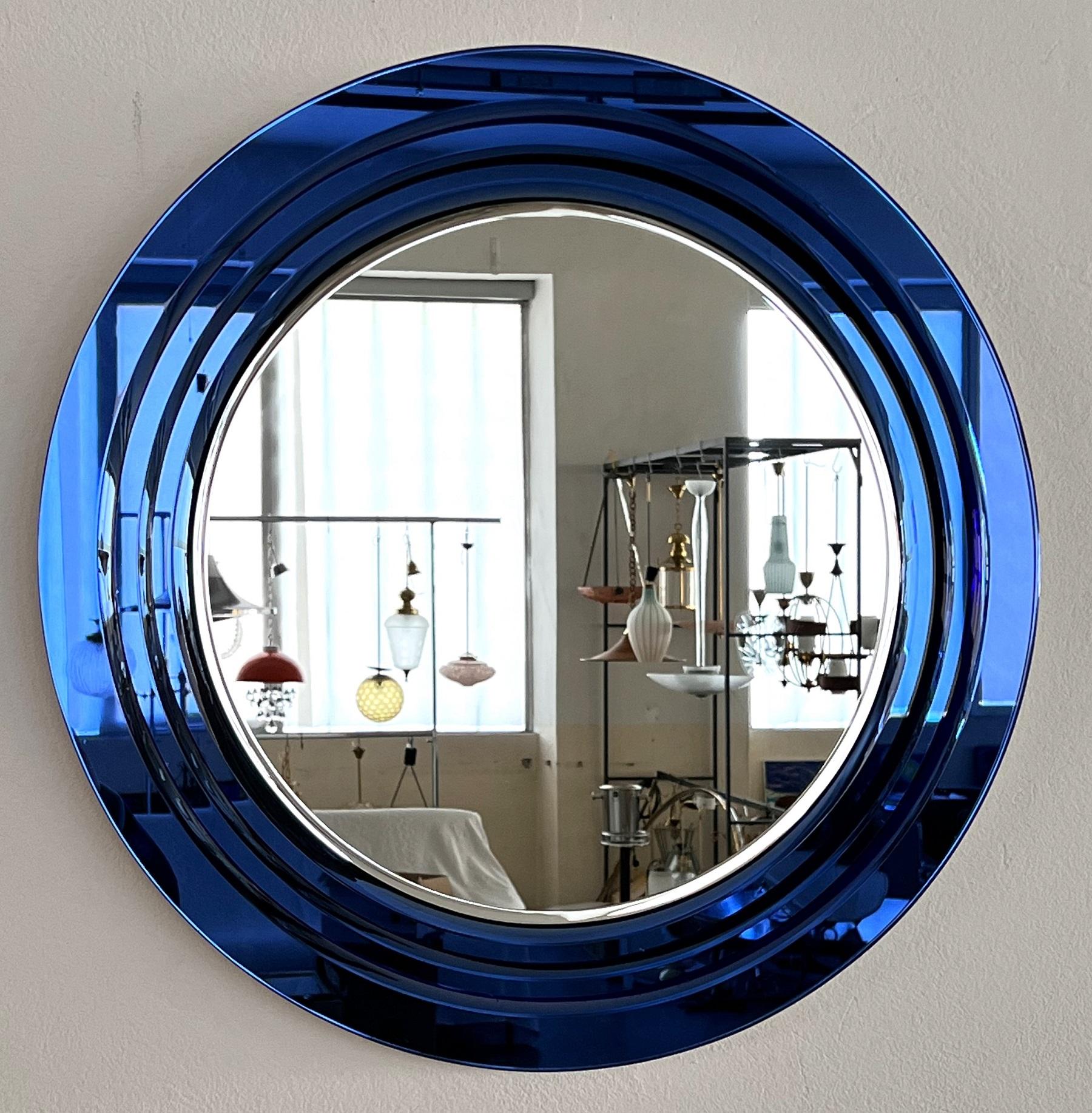 Italian Large Wall Mirror with 3 layers of Blue Cut Crystal Glass, 1970s 4