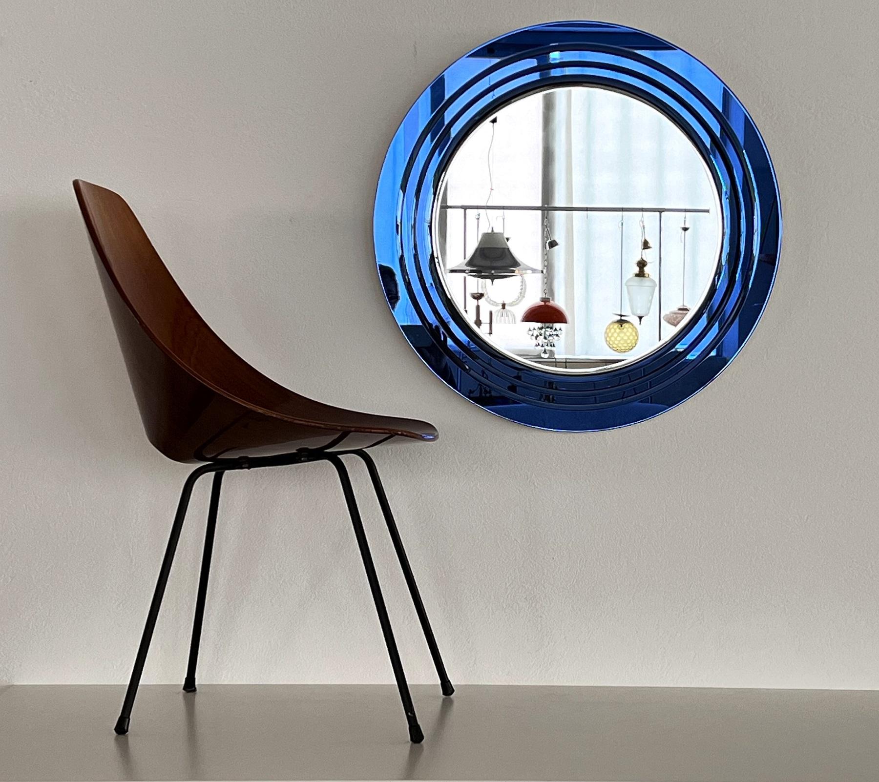 Italian Large Wall Mirror with 3 layers of Blue Cut Crystal Glass, 1970s 5