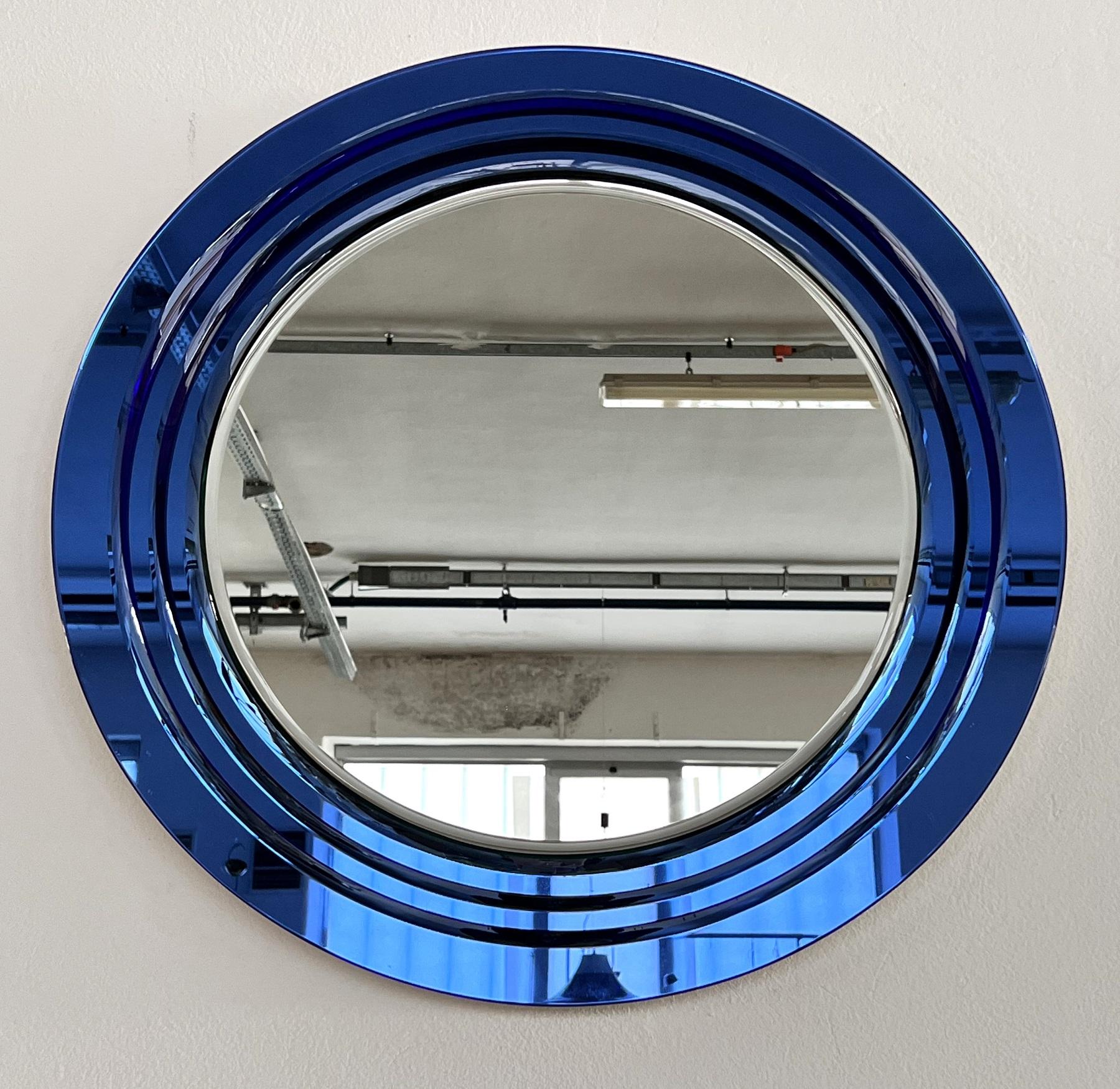 Italian Large Wall Mirror with 3 layers of Blue Cut Crystal Glass, 1970s 6