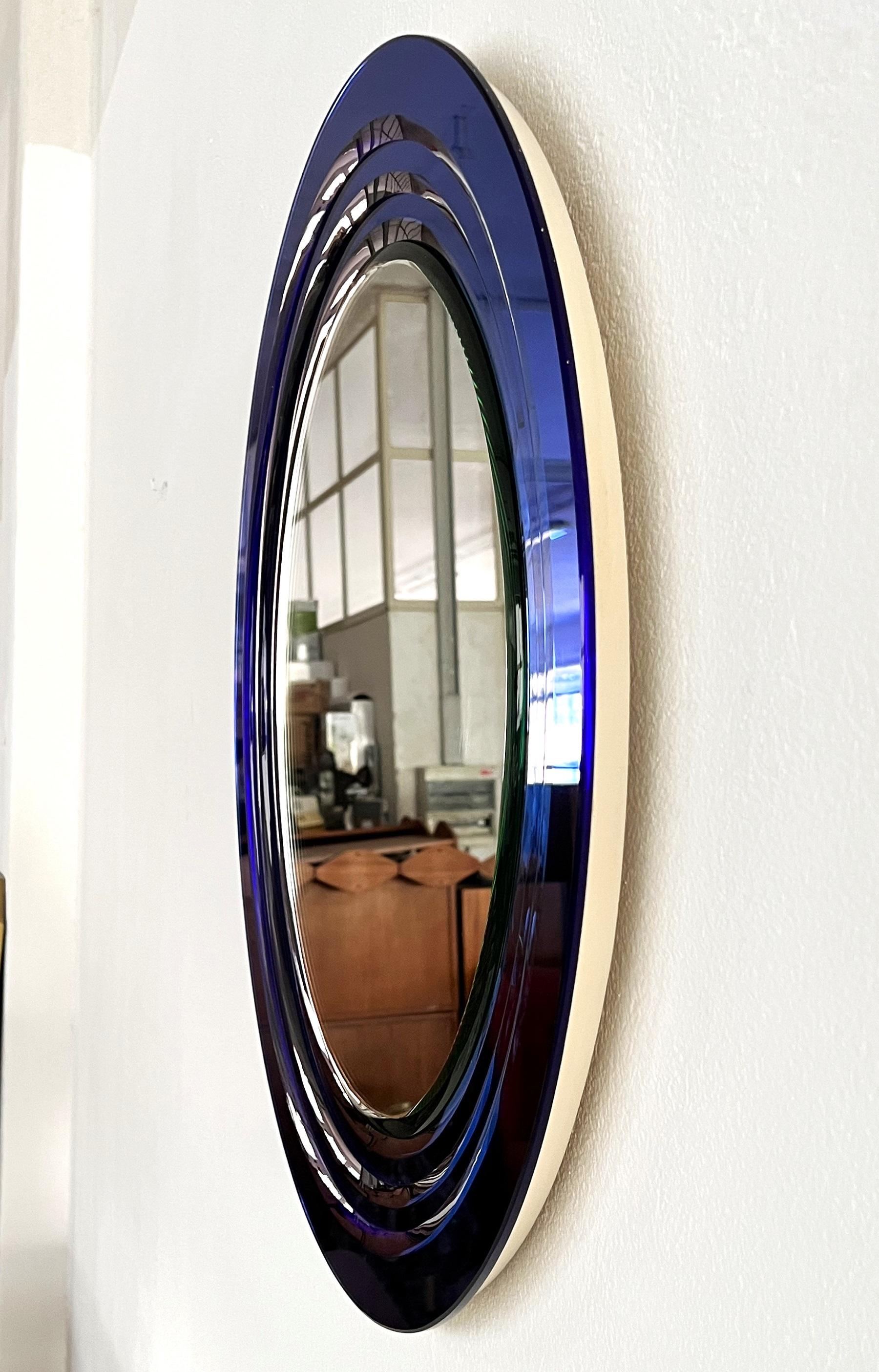 Italian Large Wall Mirror with 3 layers of Blue Cut Crystal Glass, 1970s 8