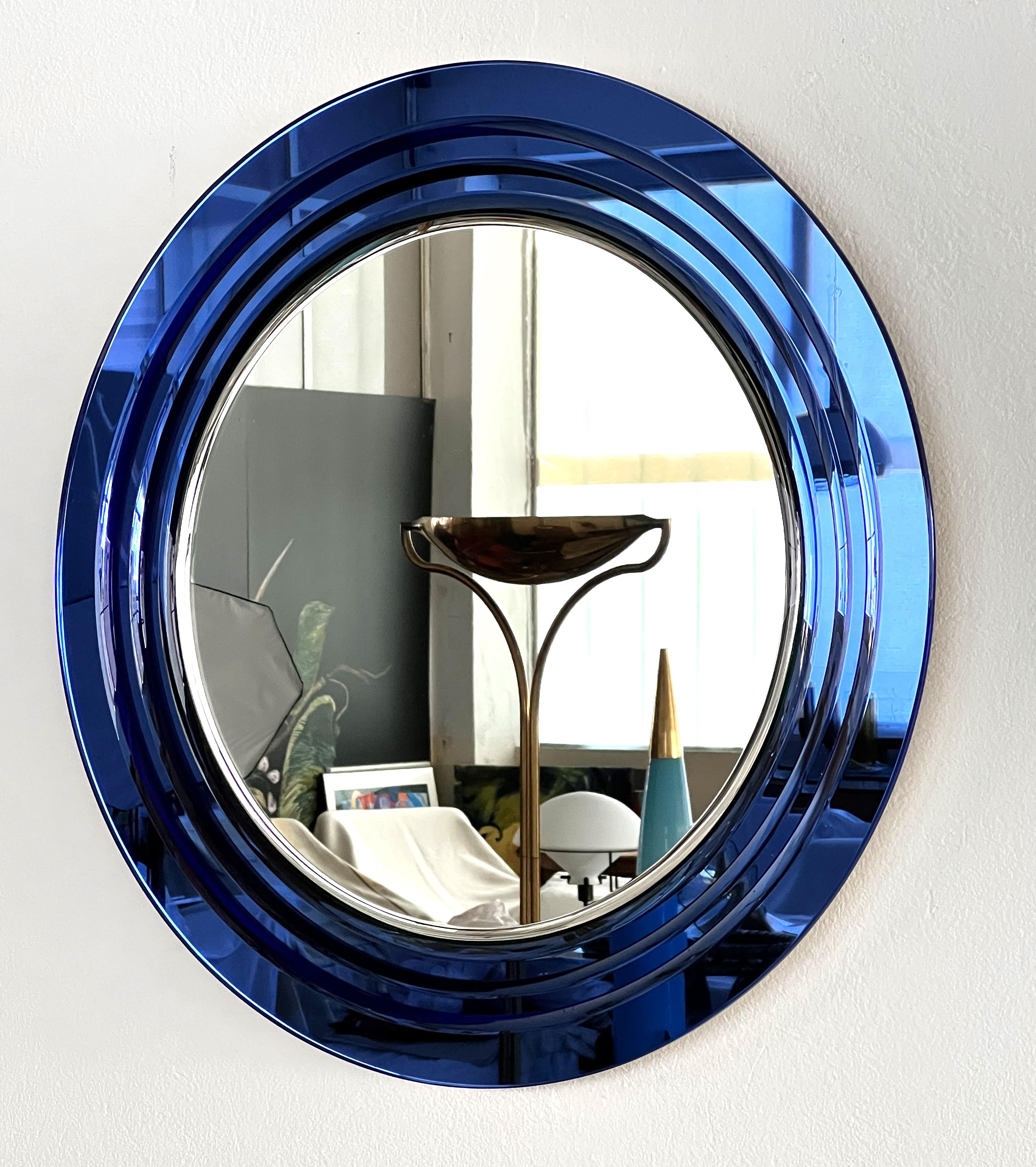 Mid-Century Modern Italian Large Wall Mirror with 3 layers of Blue Cut Crystal Glass, 1970s