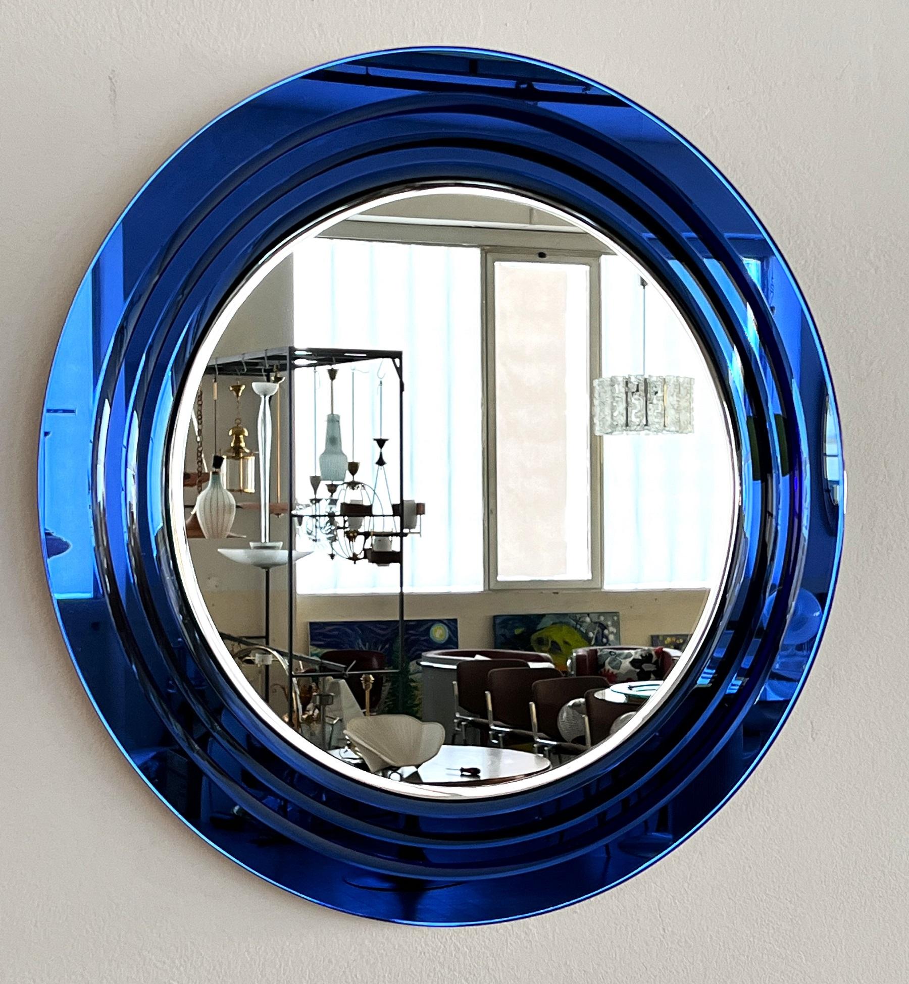 Hand-Crafted Italian Large Wall Mirror with 3 layers of Blue Cut Crystal Glass, 1970s