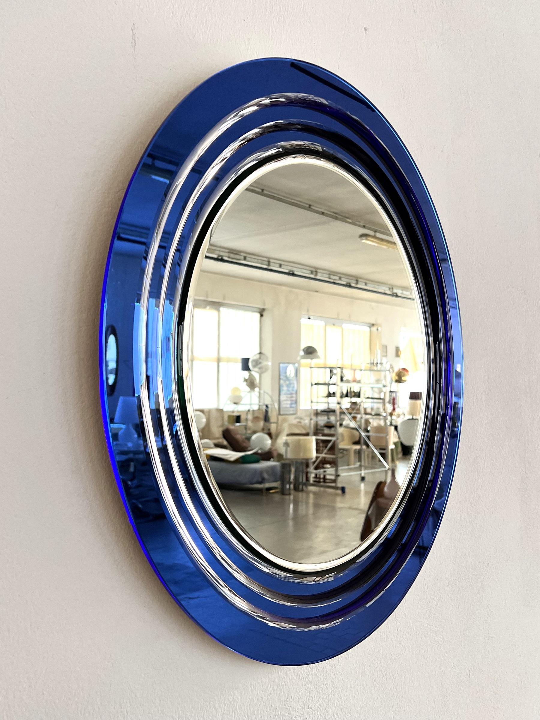 Late 20th Century Italian Large Wall Mirror with 3 layers of Blue Cut Crystal Glass, 1970s