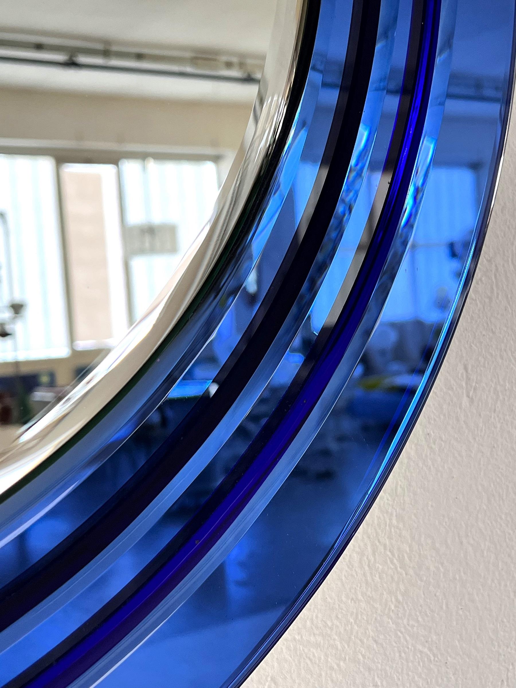 Italian Large Wall Mirror with 3 layers of Blue Cut Crystal Glass, 1970s 1