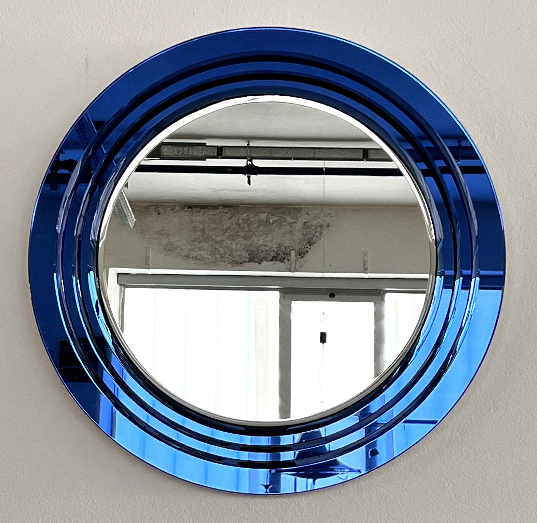 Italian Large Wall Mirror with 3 layers of Blue Cut Crystal Glass, 1970s 3
