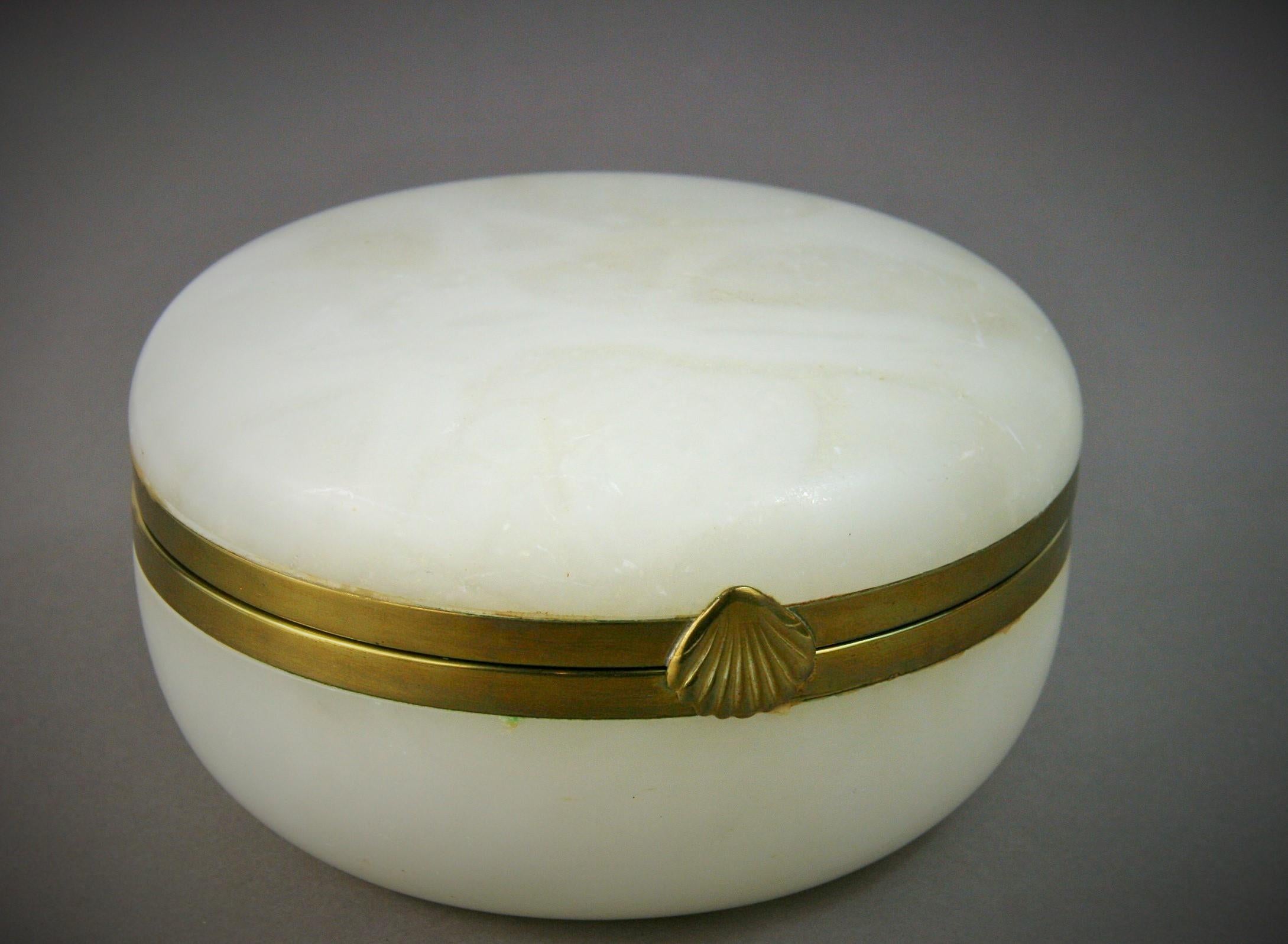 3-370 Italian hand crafted white alabaster box with brass hinged banding with shell detail.