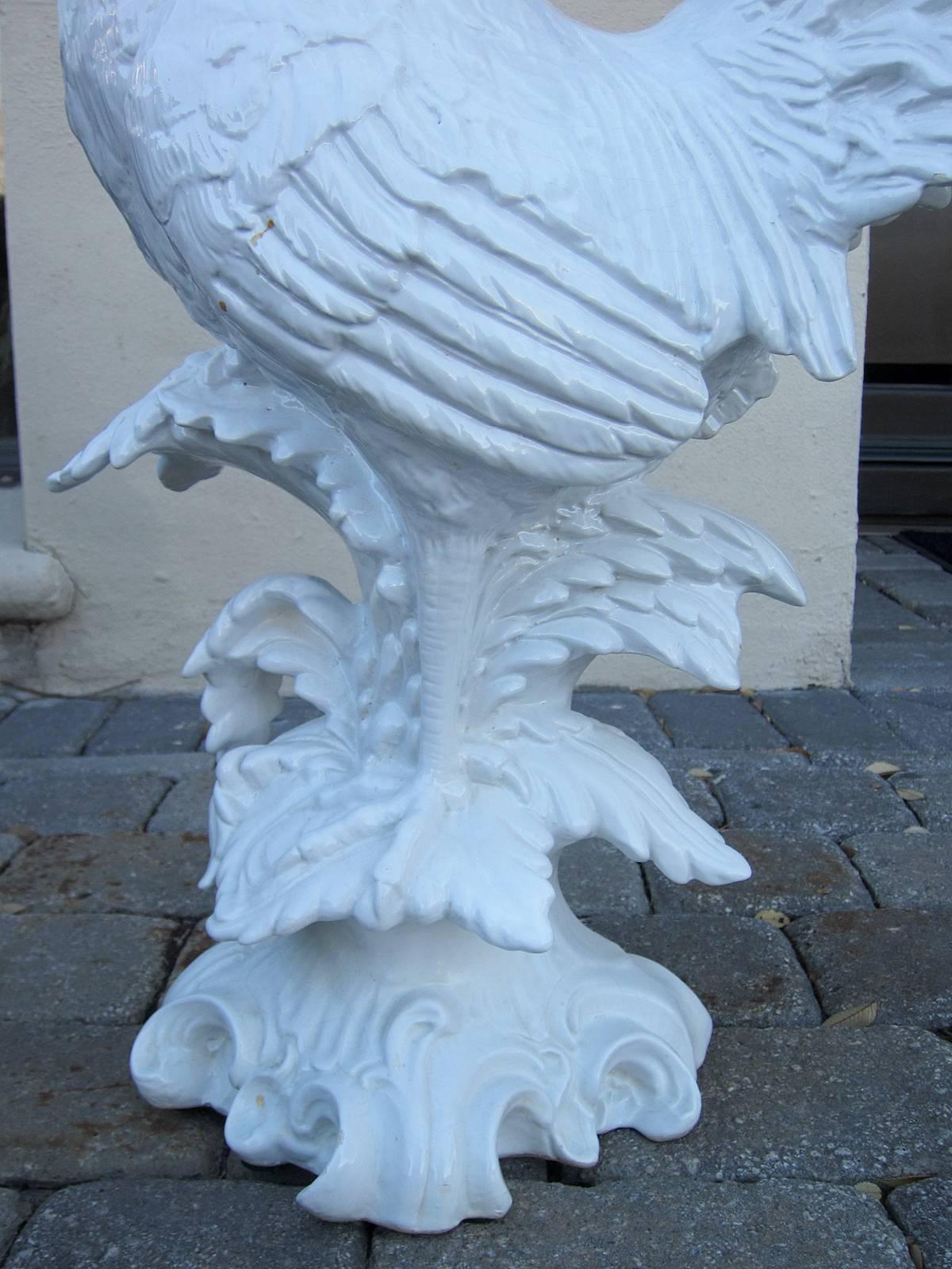 Italian large white ceramic rooster, signed Tiffany.