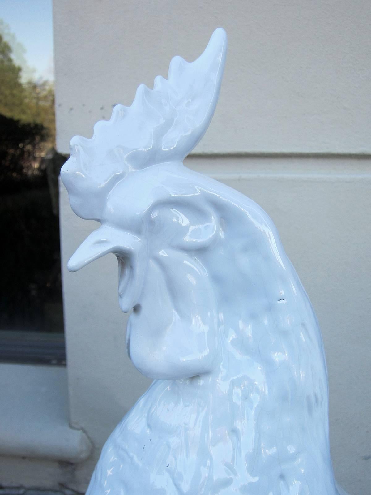 20th Century Italian Large White Ceramic Rooster, Signed Tiffany