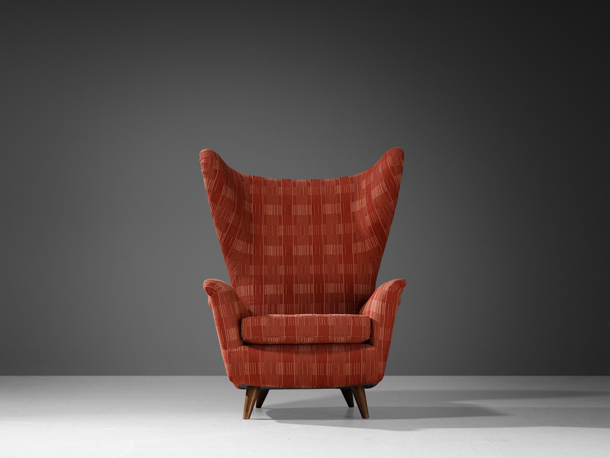 Mid-Century Modern Italian Large Wingback Chair in Red Checkered Upholstery For Sale