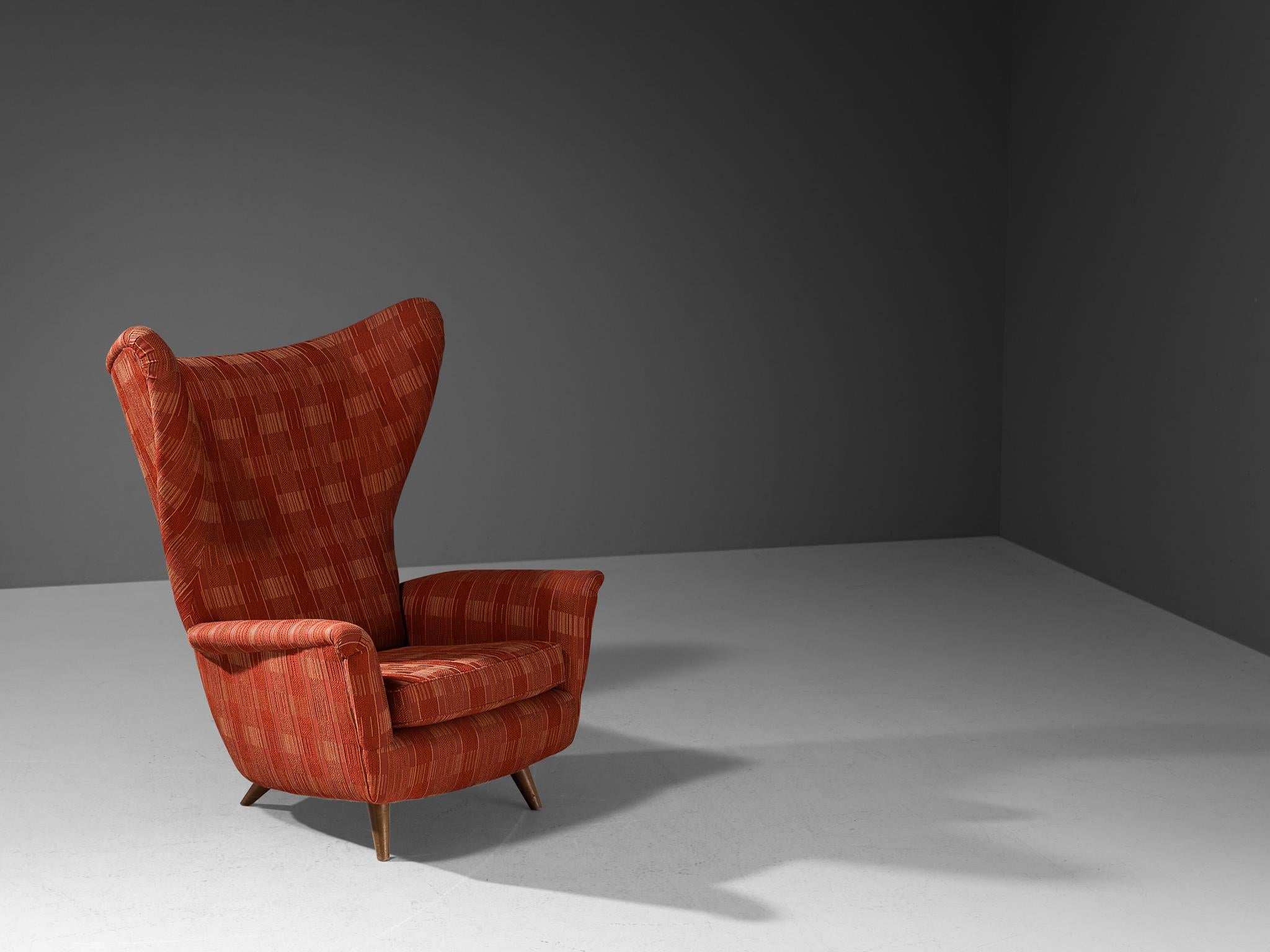 Mid-20th Century Italian Large Wingback Chair in Red Checkered Upholstery For Sale