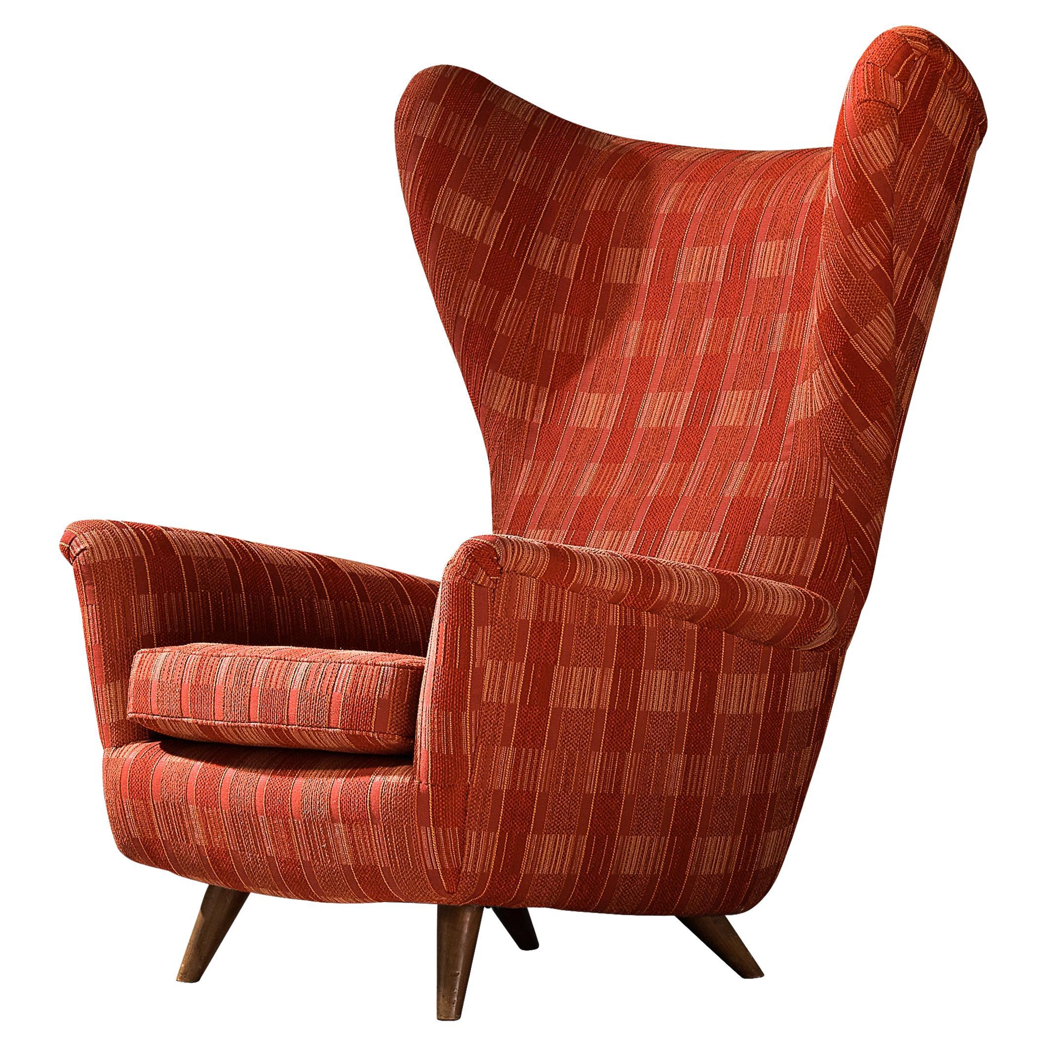 Italian Large Wingback Chair in Red Upholstery