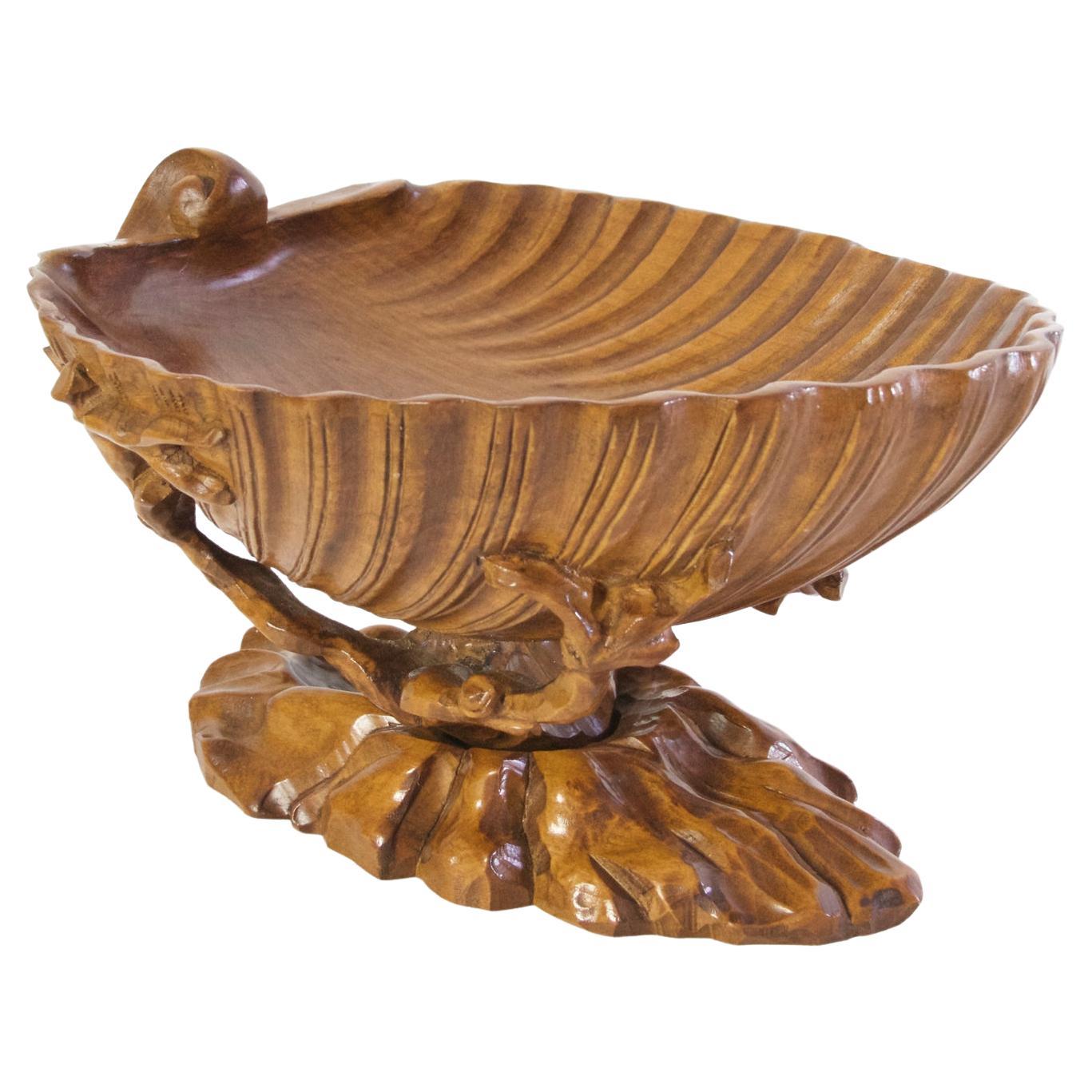 Italian Large Wood Clam Shell Bowl For Sale