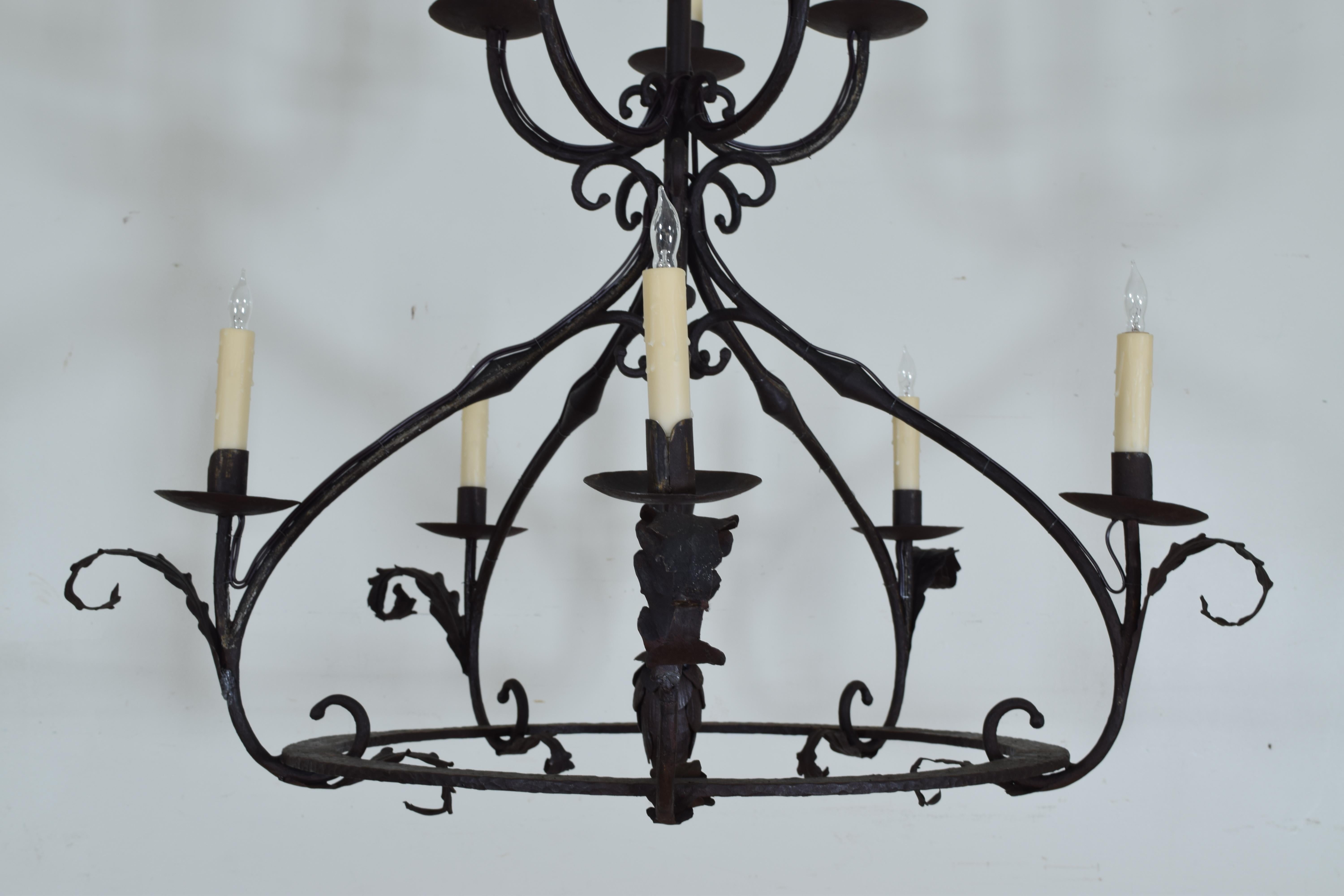 Baroque Italian Large Wrought Iron Two-Tier Ten-Light Chandelier, Late 19th Century