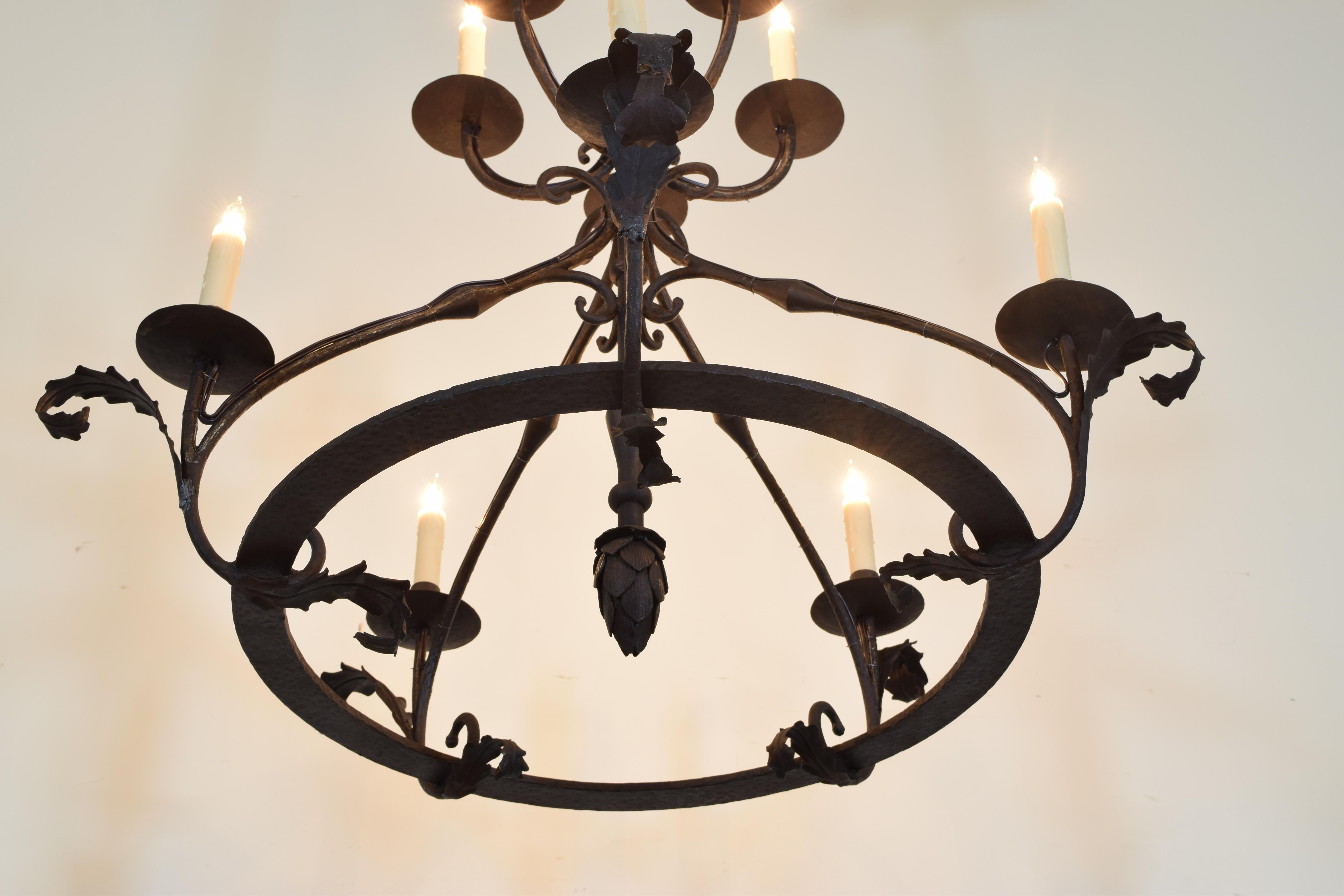 Italian Large Wrought Iron Two-Tier Ten-Light Chandelier, Late 19th Century 3