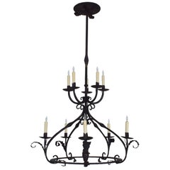Antique Italian Large Wrought Iron Two-Tier Ten-Light Chandelier, Late 19th Century
