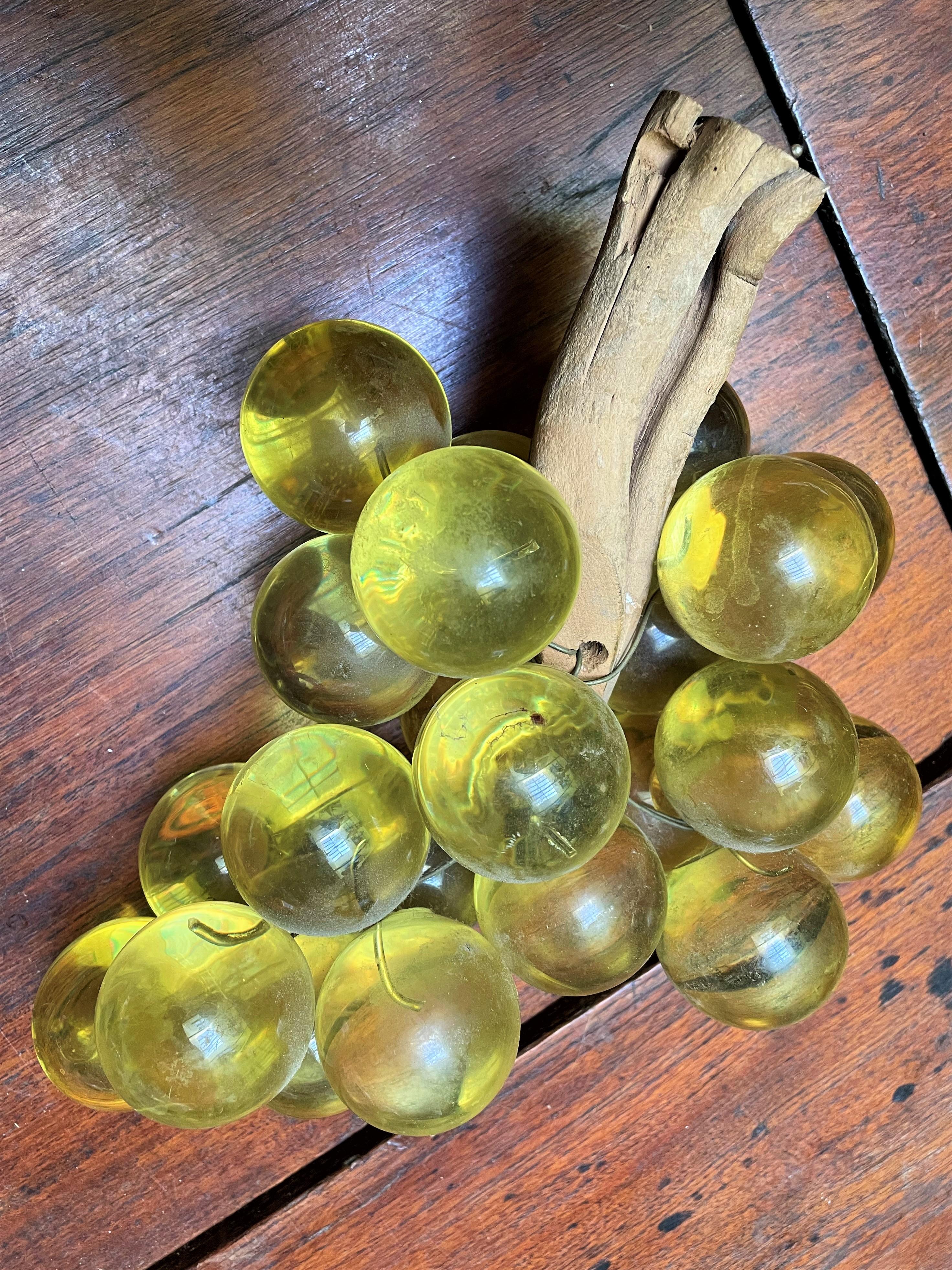 Mid-Century Modern Italian Large Yellow Lucite Grapes Bunch on Driftwood Stem  For Sale