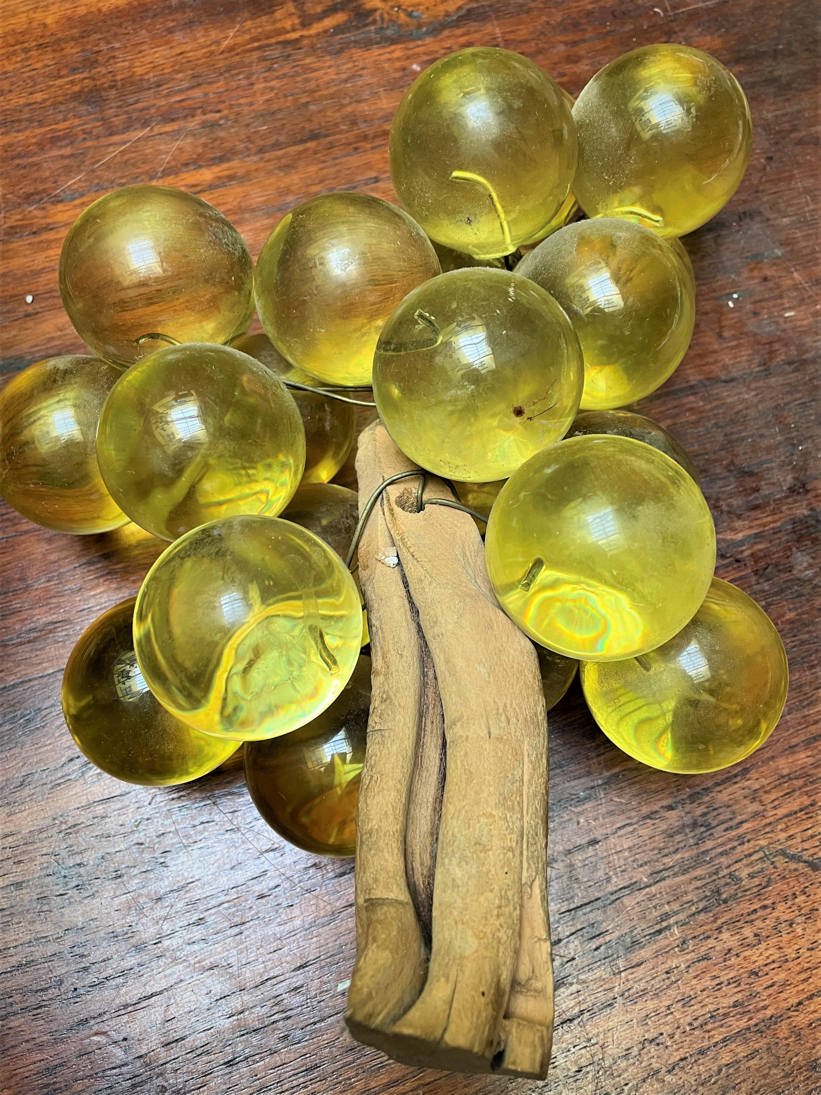 Molded Italian Large Yellow Lucite Grapes Bunch on Driftwood Stem  For Sale