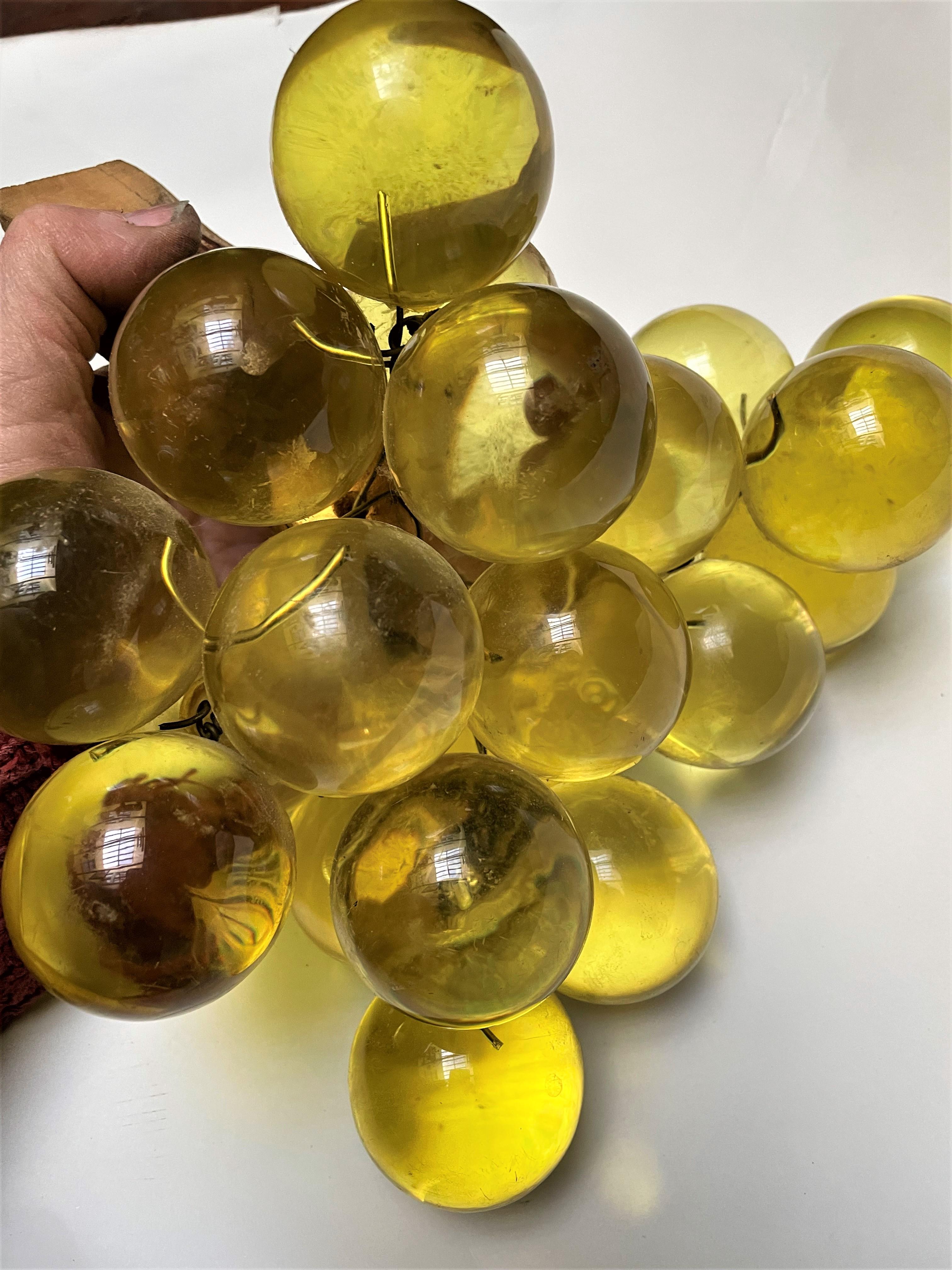 Late 20th Century Italian Large Yellow Lucite Grapes Bunch on Driftwood Stem  For Sale