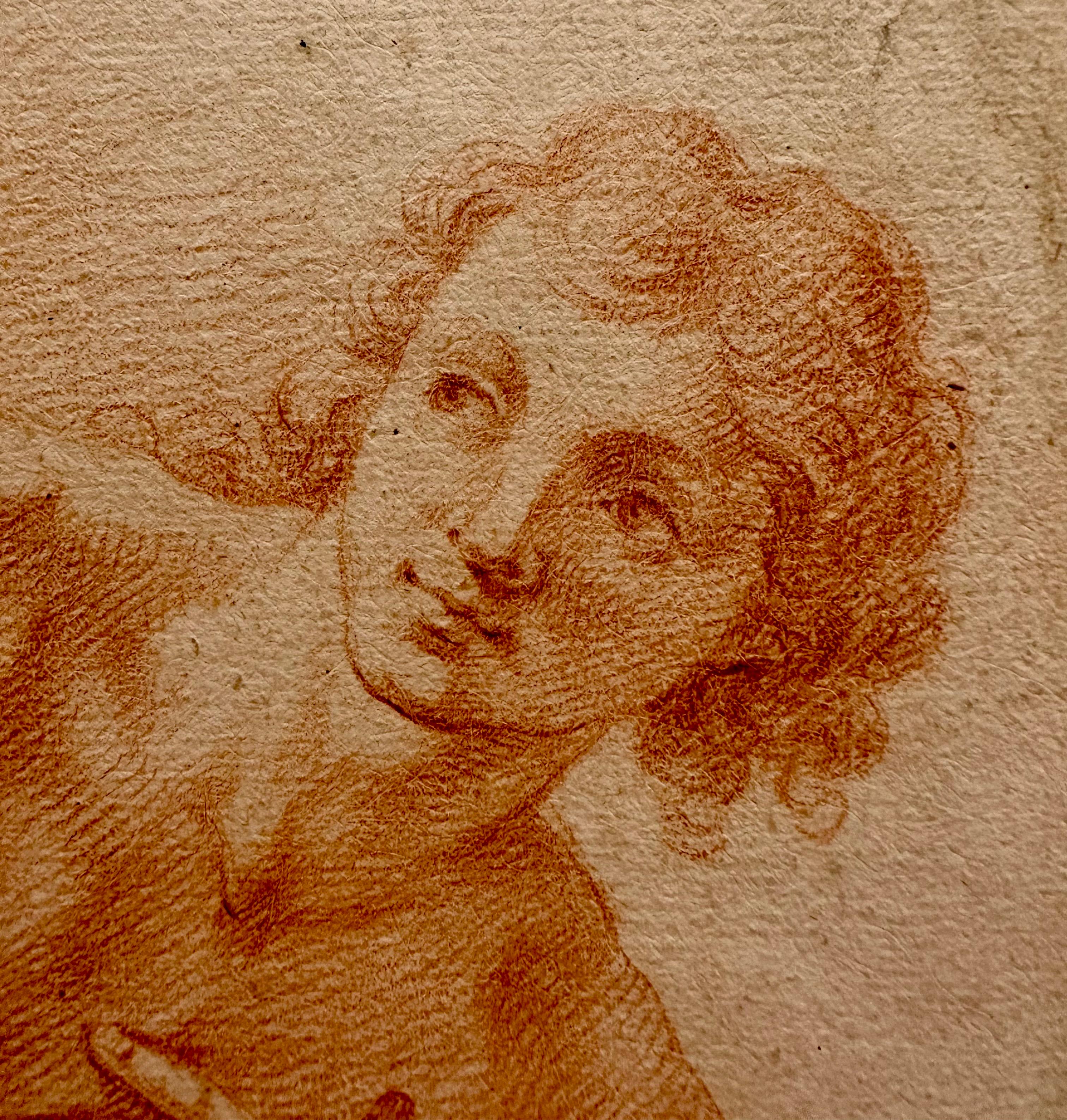 Baroque Italian Bolognese 17th C. Red Chalk Drawing of a Kneeling Young Man, circa 1680 For Sale