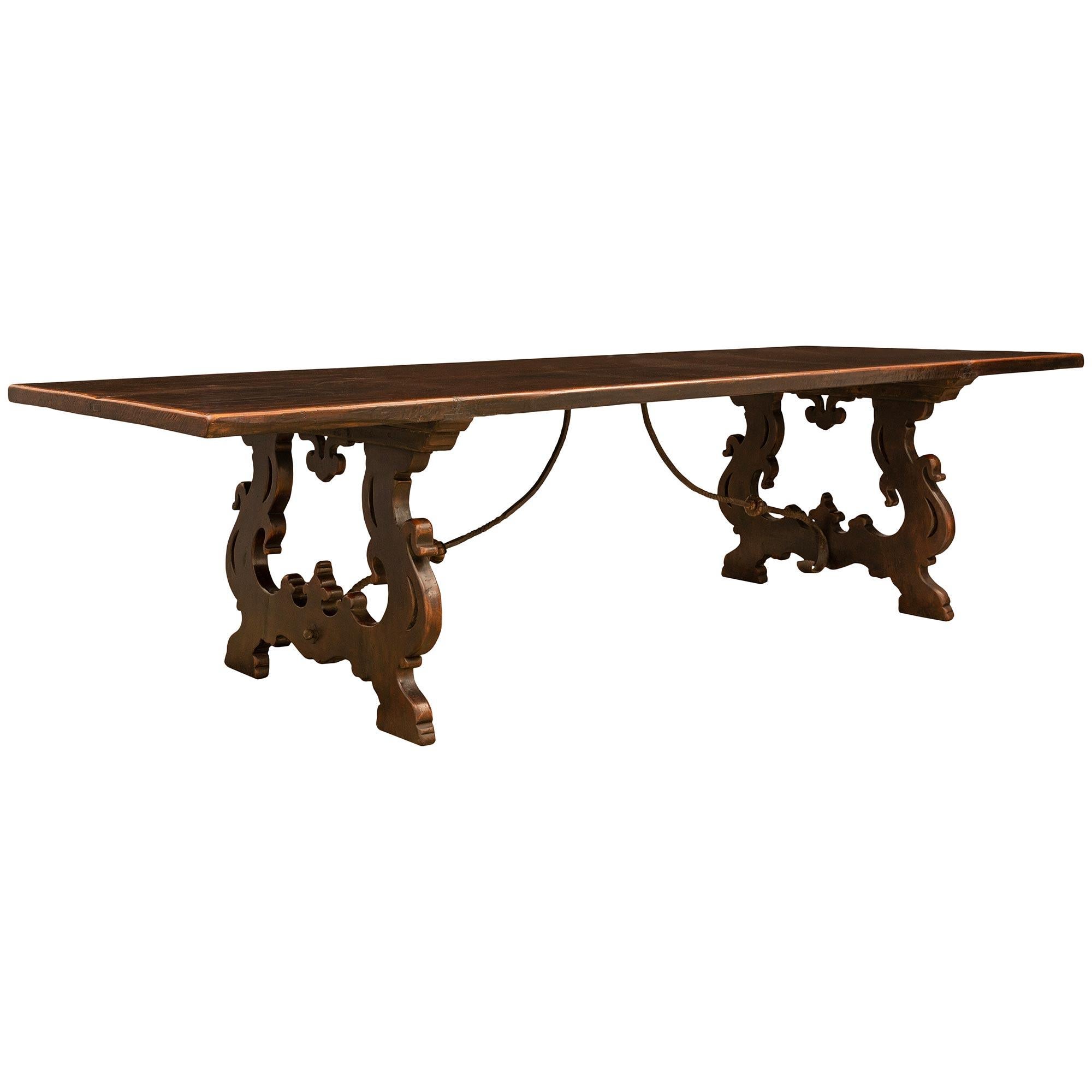 18th Century and Earlier Italian Late 18th Century Baroque St. Walnut And Wrought Iron Trestle Table