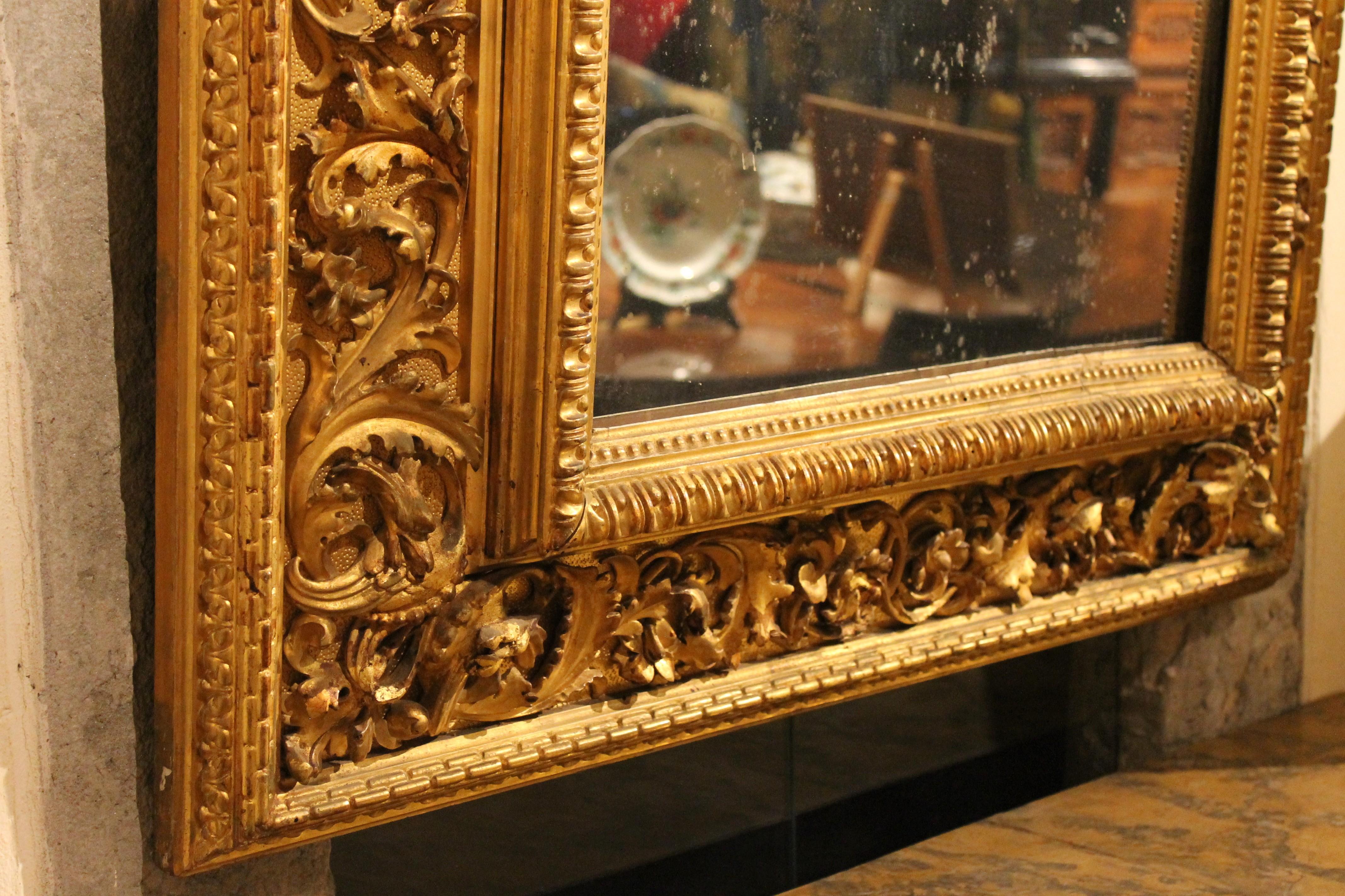 Italian Louis XVI Style Rectangular Hand Carved Gilt Wood Frame with Mirror 8