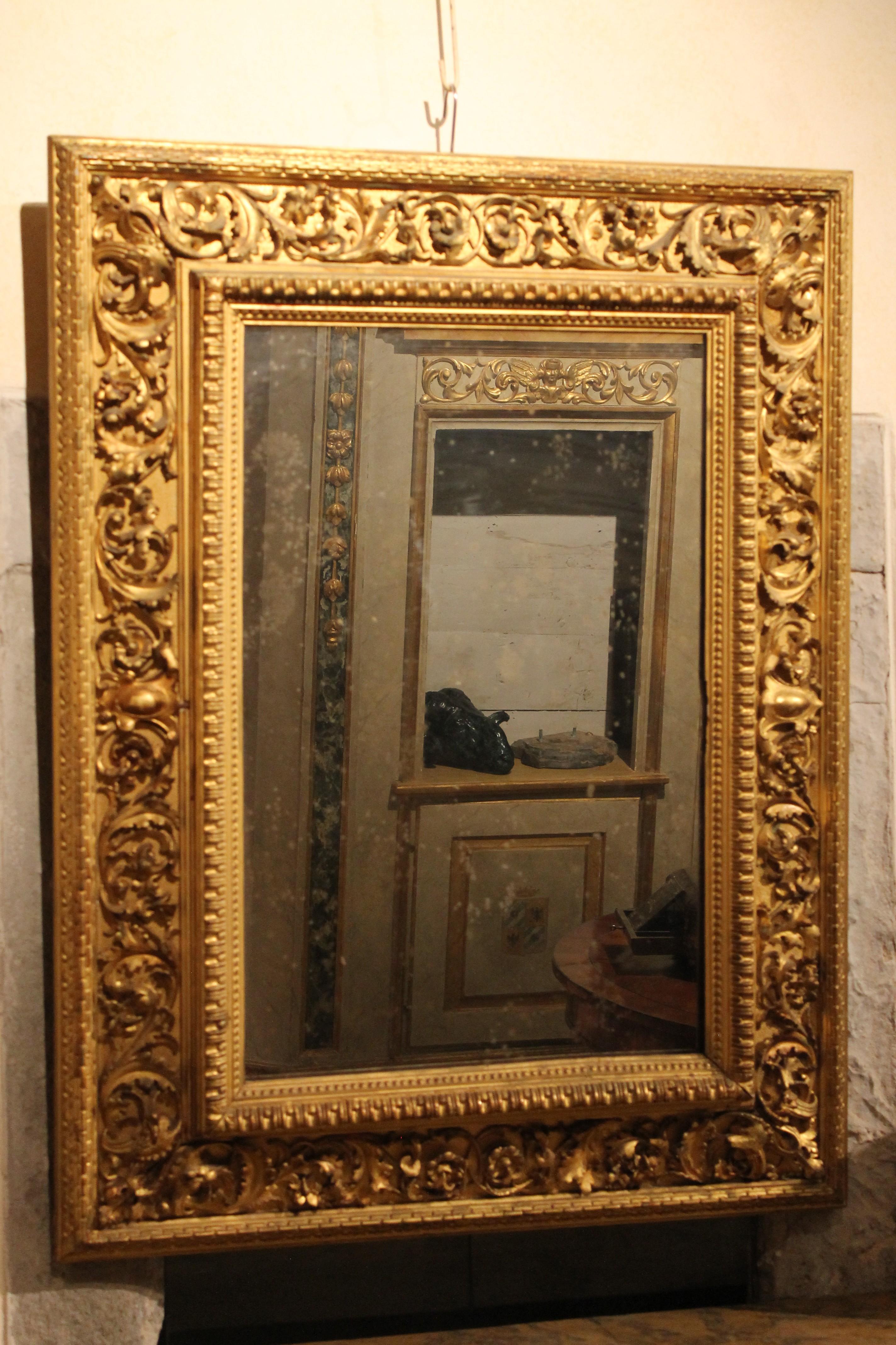 Italian Louis XVI Style Rectangular Hand Carved Gilt Wood Frame with Mirror 12