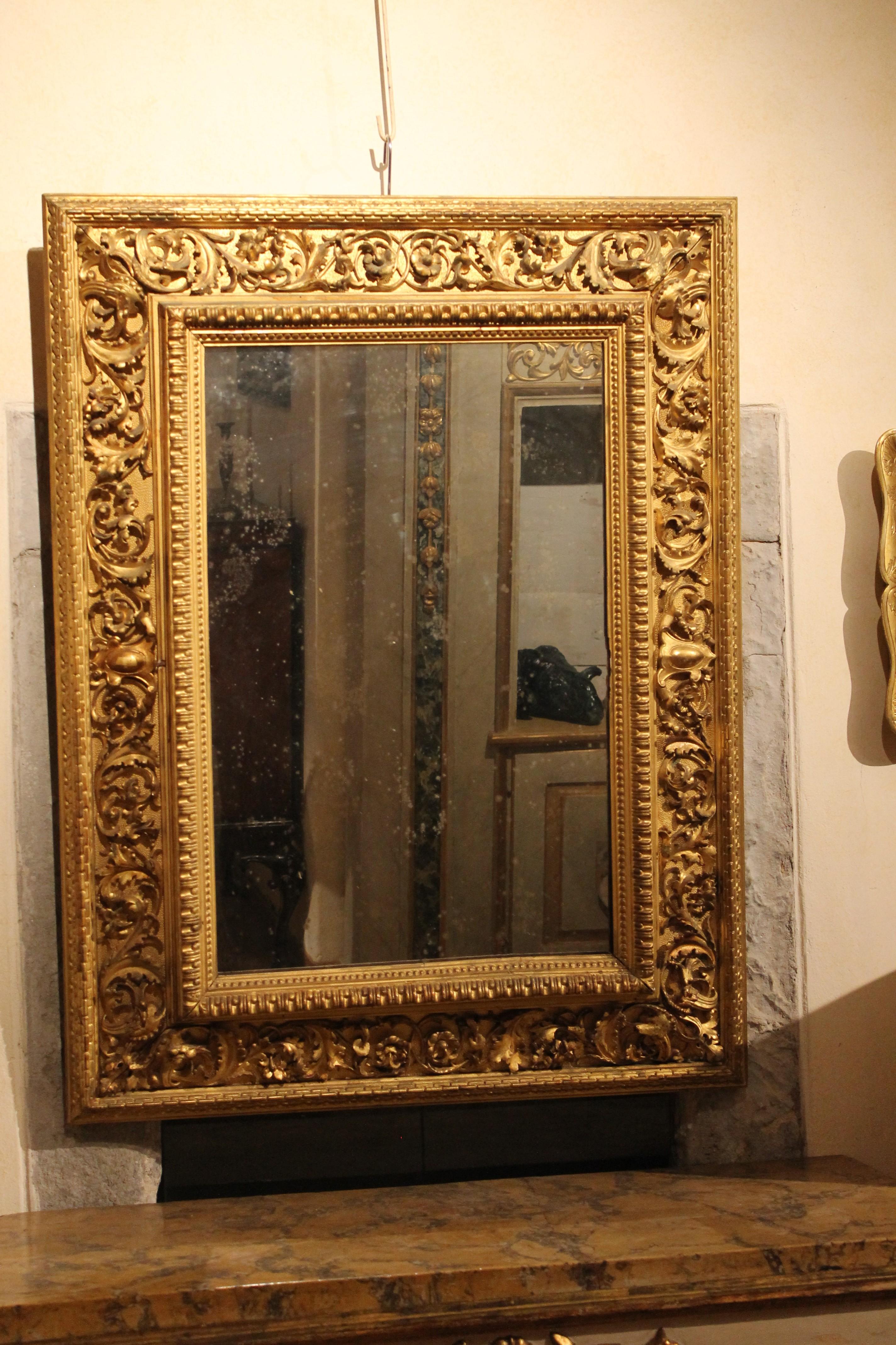Mercury Glass Italian Louis XVI Style Rectangular Hand Carved Gilt Wood Frame with Mirror