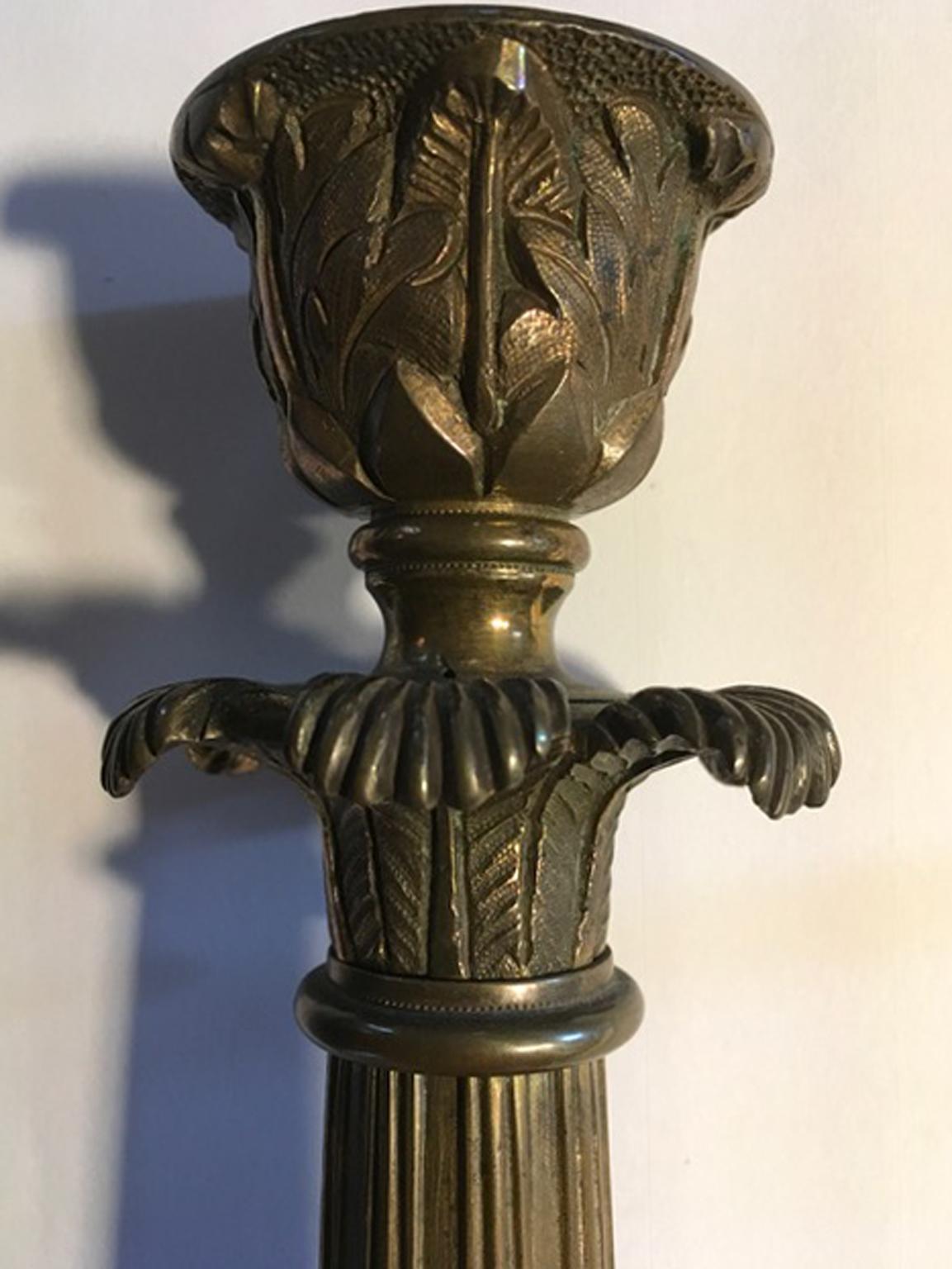 Italy Late 18th Century Pair Empire Brass Candleholders For Sale 3