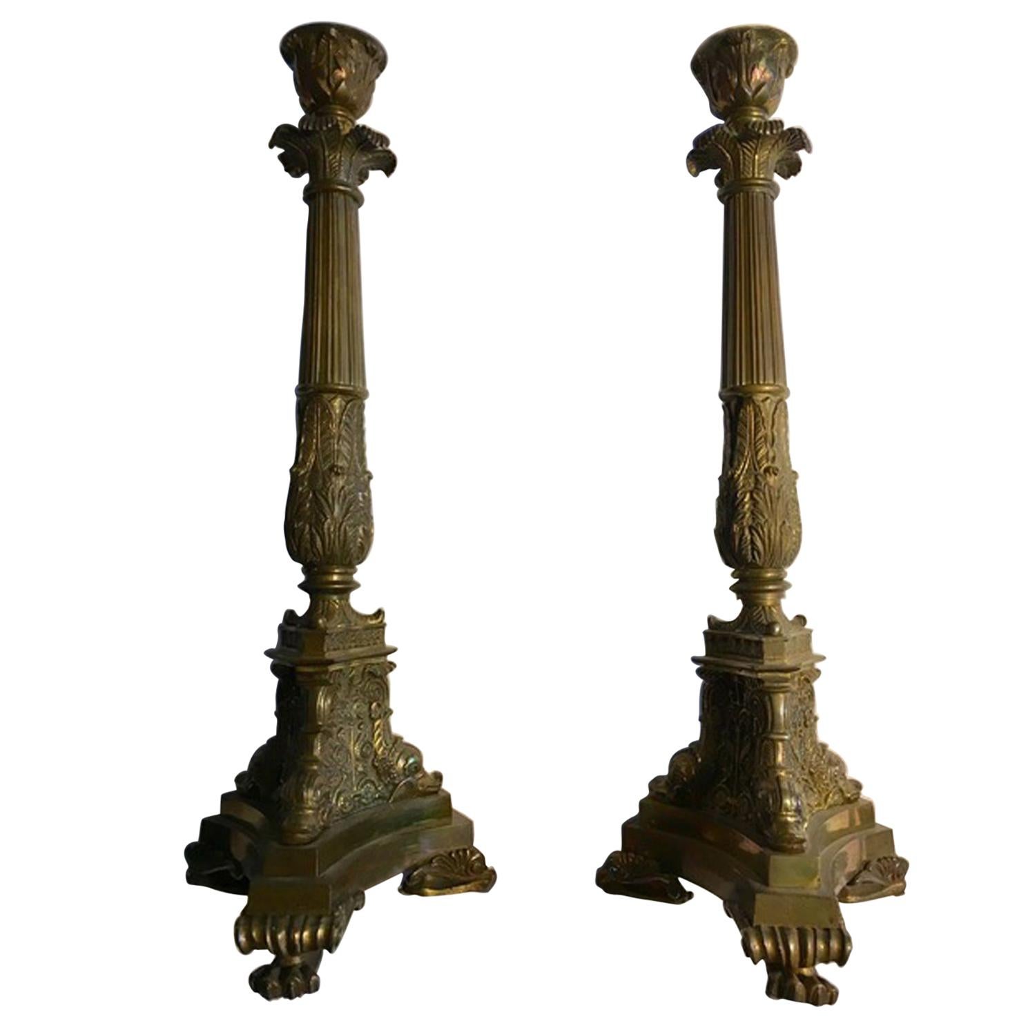 Italy Late 18th Century Pair Empire Brass Candleholders