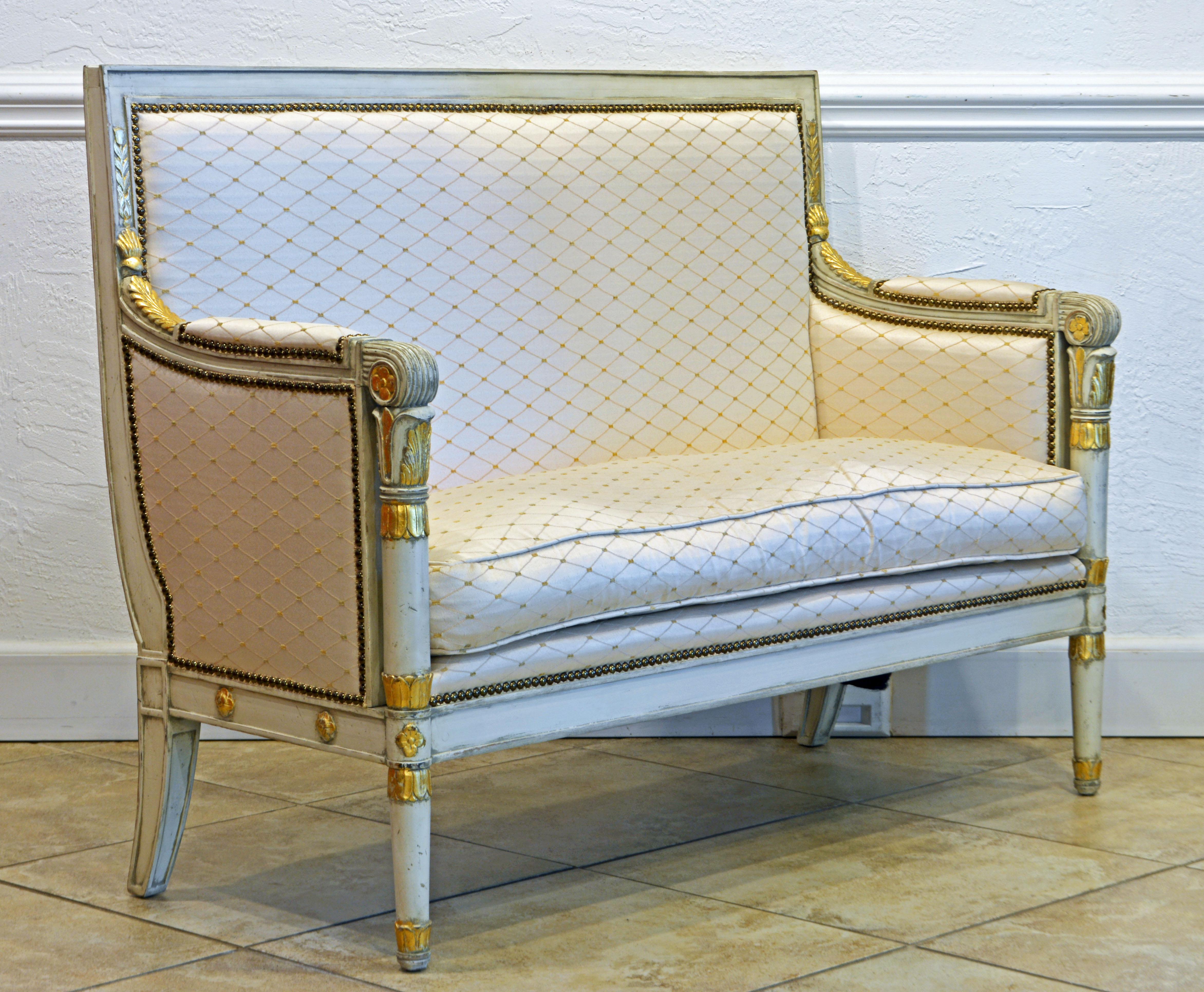 19th Century Italian Late 19th C Neoclassical Style Ivory White and Parcel Gilt Carved Settee