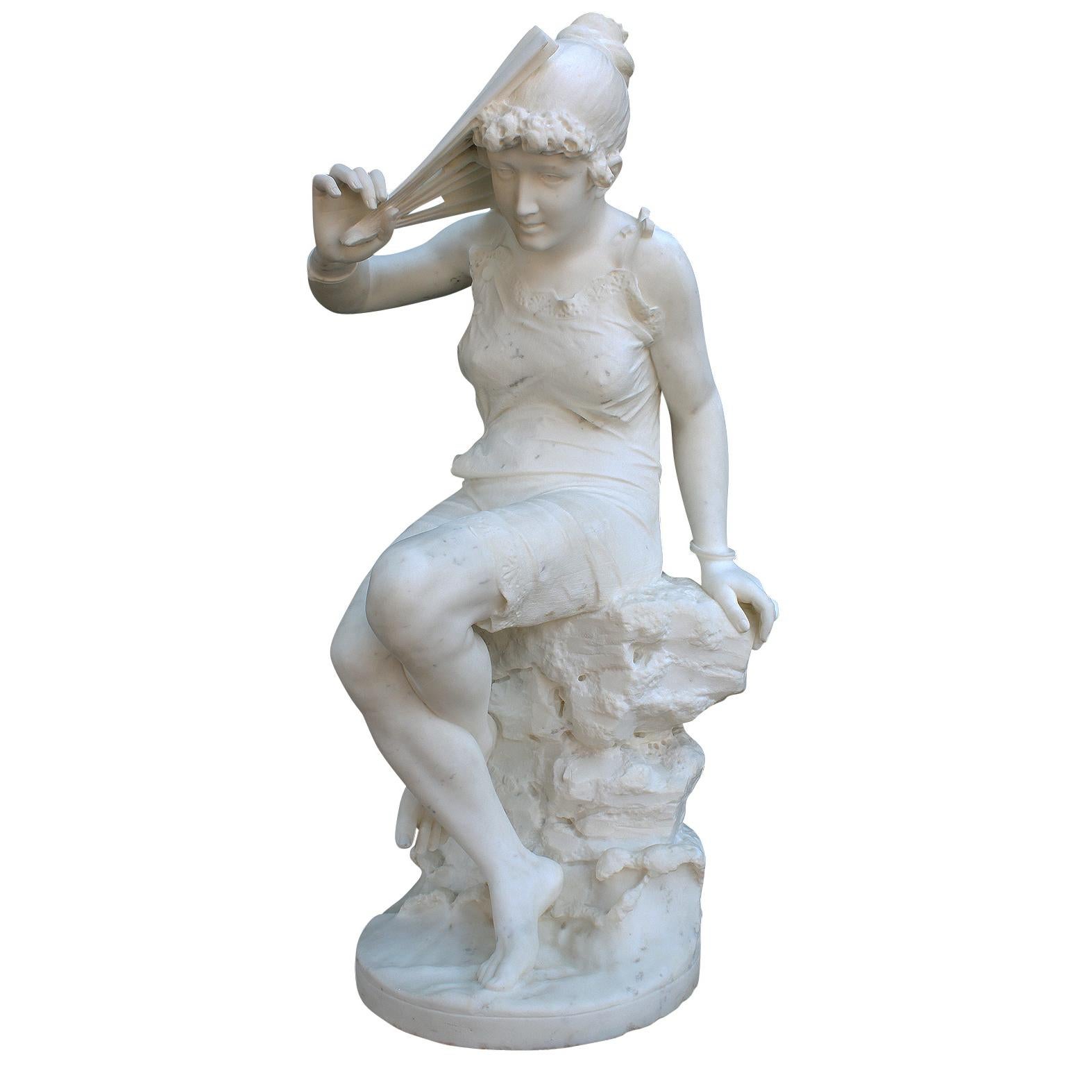 Belle Époque Italian Late 19th Century Belle Epoque Carved Marble Figure of a Bather Girl For Sale