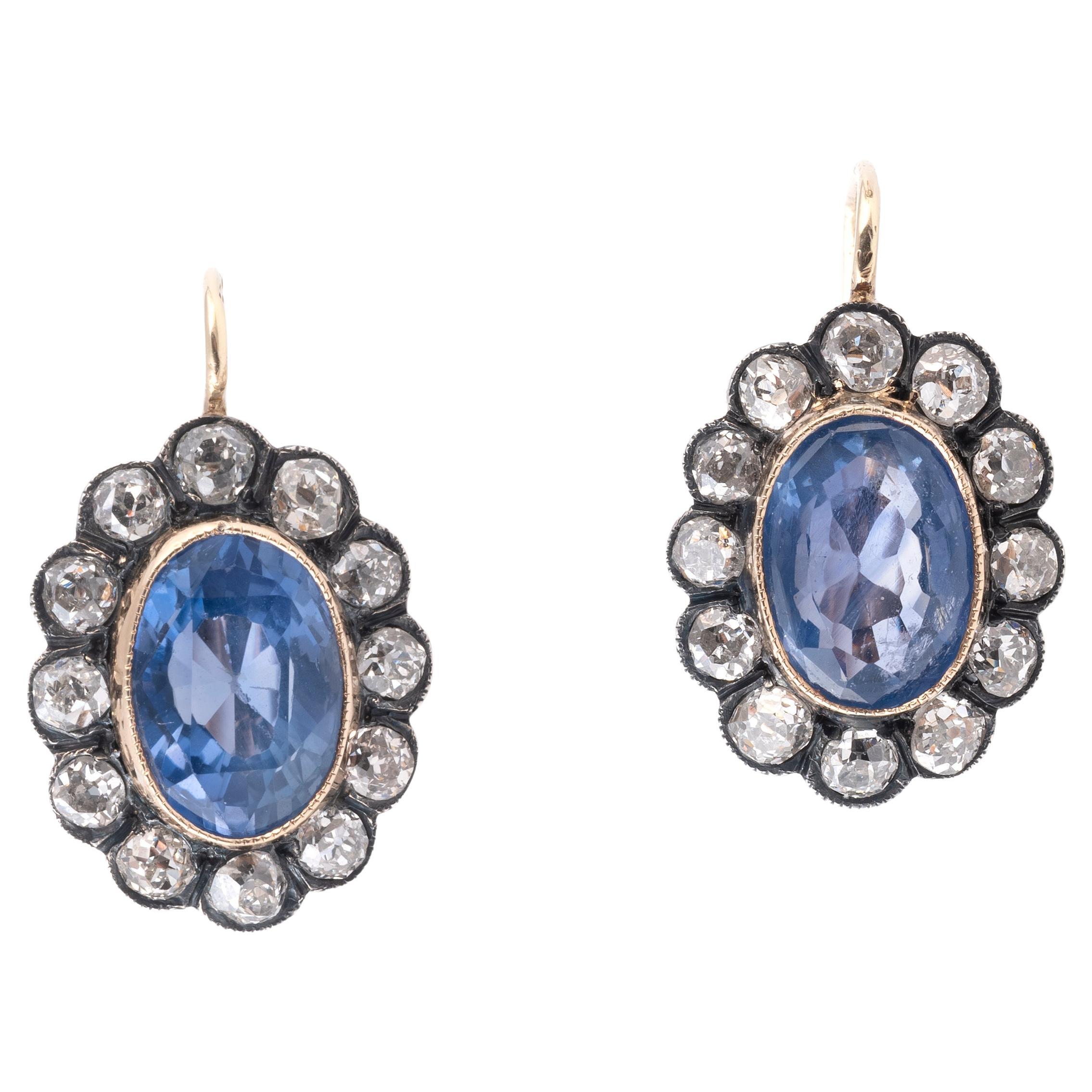 Italian Late 19th Century Ceylon Sapphire And Diamond Ear Pendants For Sale